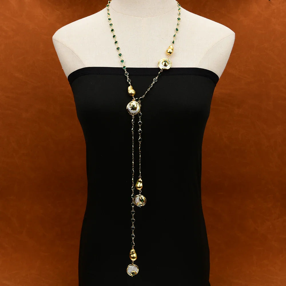 GG 46 Natural Cultured White Coin Pearl & Green Crystal Beaded Long Sweater Chain Necklace - Elegant Layering Jewelry for Women, Perfect for Office Wear, Date Nights and Special Occasions
