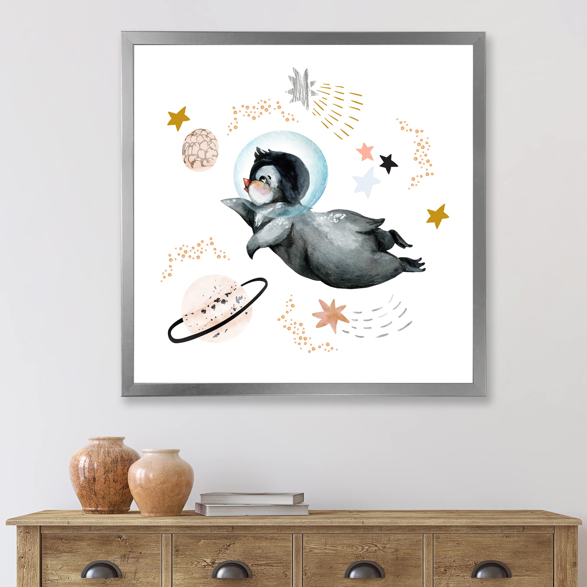 DesignQ Little Penguin Flying Stars and Planets II - Farmhouse Framed Wall Art Decor for Living Room, Nursery & Kids Bedroom