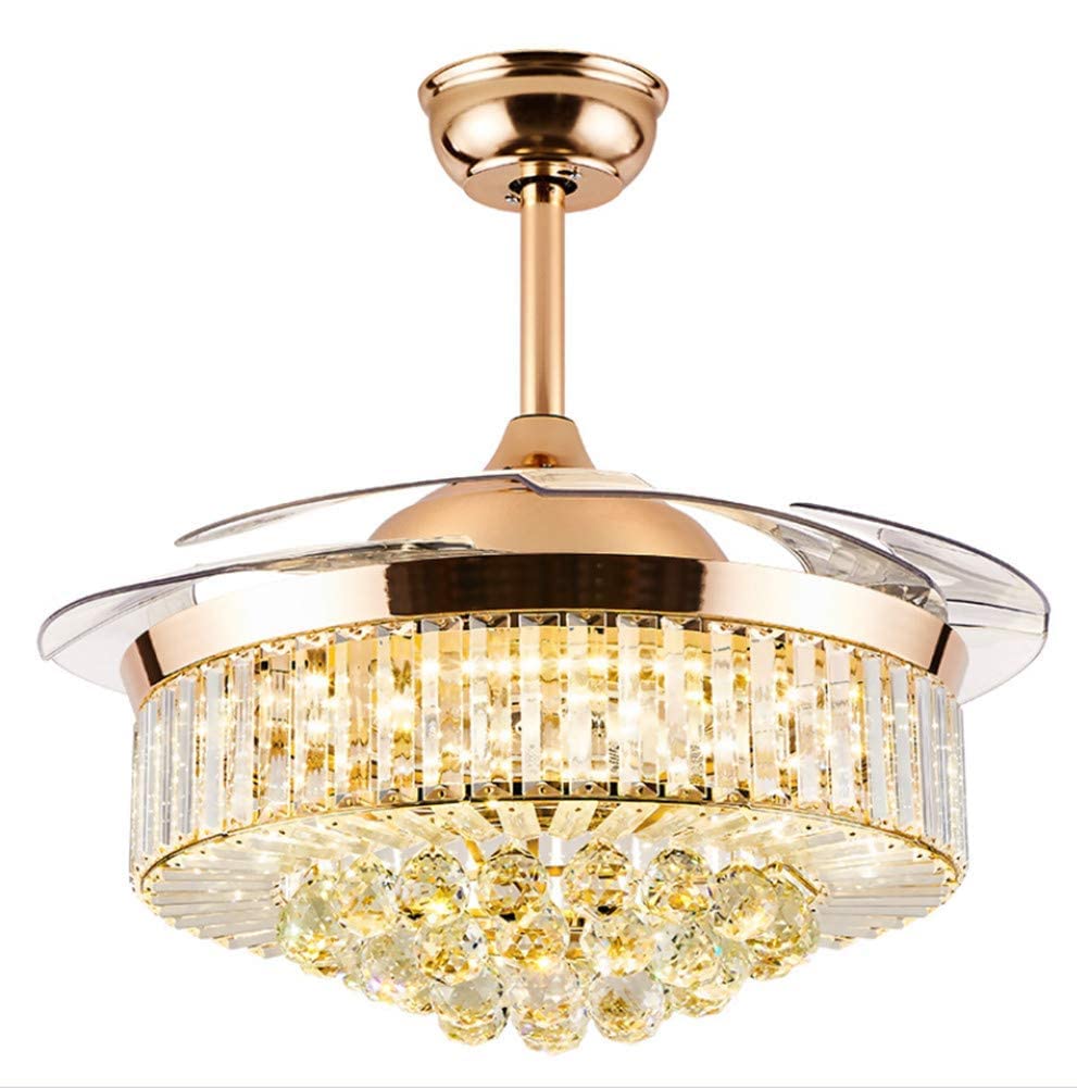 42 Inch Luxury Crystal Retractable Ceiling Fan with Remote Control - LED 3-Color Changing Light, Silent Invisible Fan Chandelier for Bedroom, Living Room (Rose Gold) - Modern Home Cooling & Elegant Lighting Solution