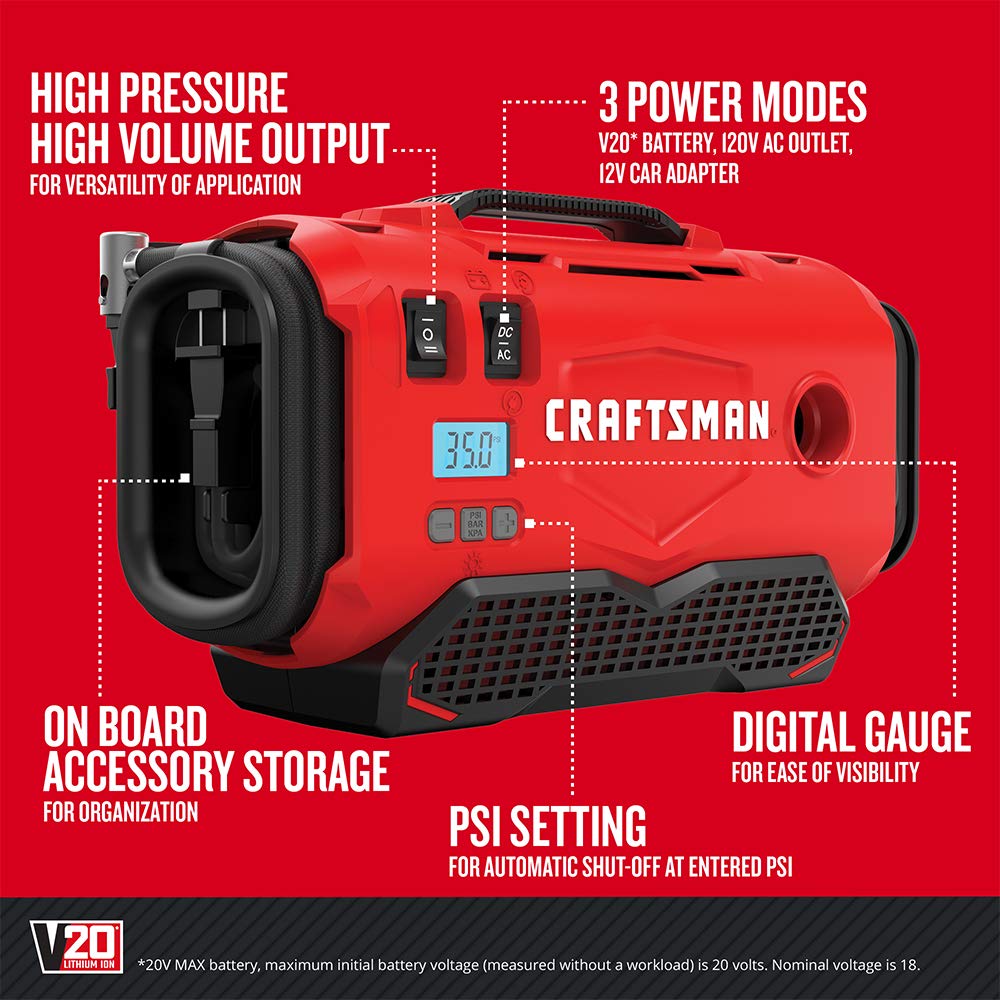 CRAFTSMAN V20 Cordless Air Inflator with Fast Charger - Portable Tire Pump for Cars, Bikes & Sports Equipment (Battery Sold Separately, Model CMCE520B & CMCB104) - Perfect for Road Trips, Camping and Emergency Tire Inflation