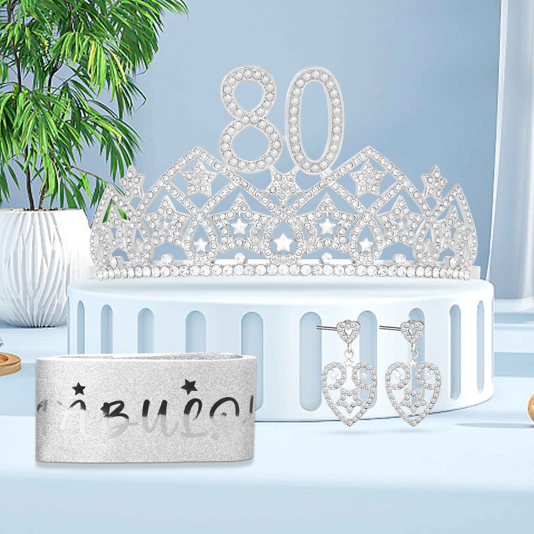 80th Birthday Tiara and Sash Kit for Women - Elegant Birthday Crown & Decorations Set - Perfect for Milestone Celebrations, Parties, and Special Occasions