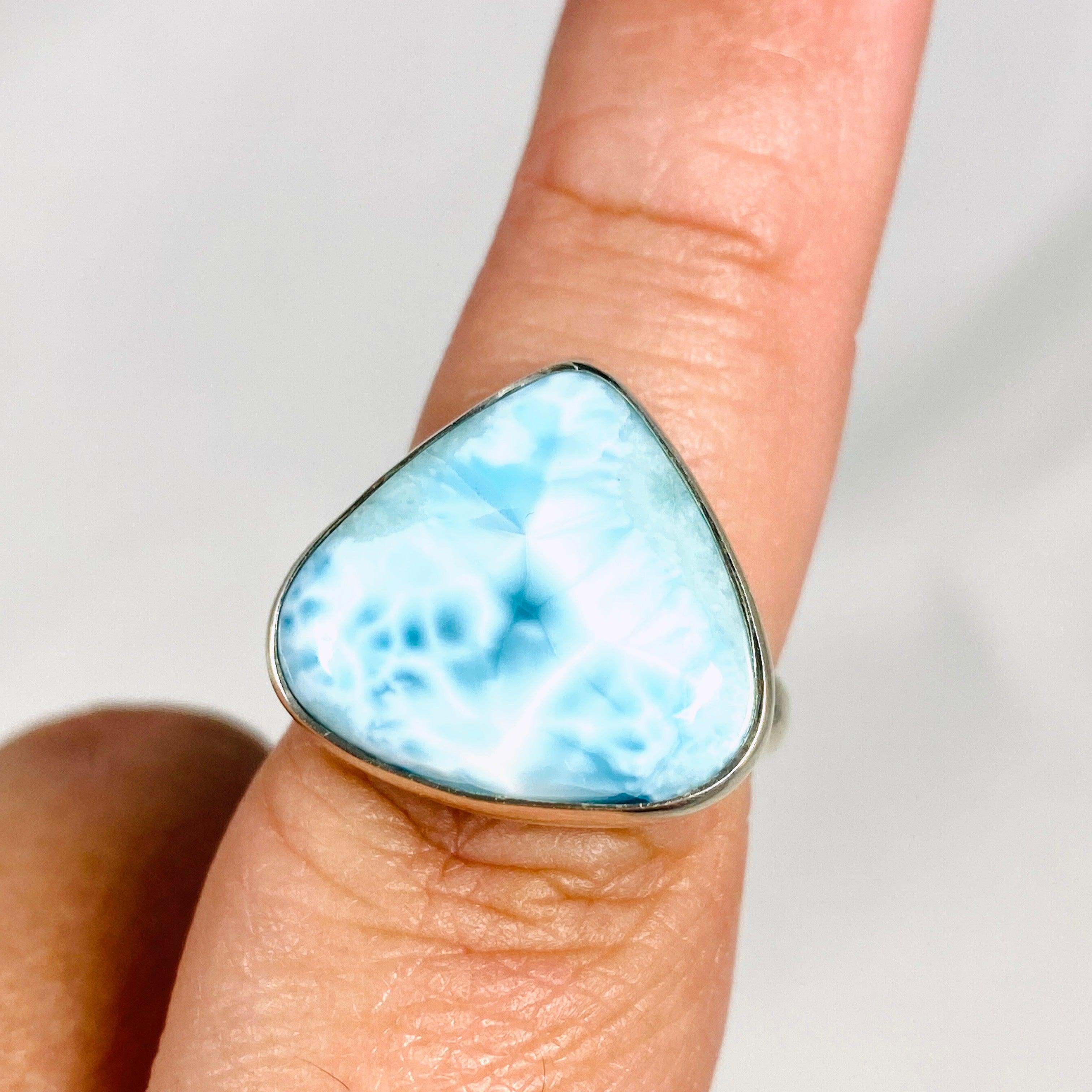 Larimar Teardrop Ring Size 8 KRGJ3088 - Genuine Dominican Blue Stone Silver Jewelry for Women, Perfect for Beach Weddings & Boho Fashion