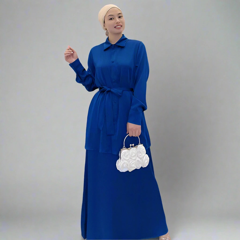 2-Piece Muslim Women's Satin Prayer Outfit Set - Modest Long Sleeve Top & Flowy Skirt Suit for Eid, Ramadan & Daily Wear