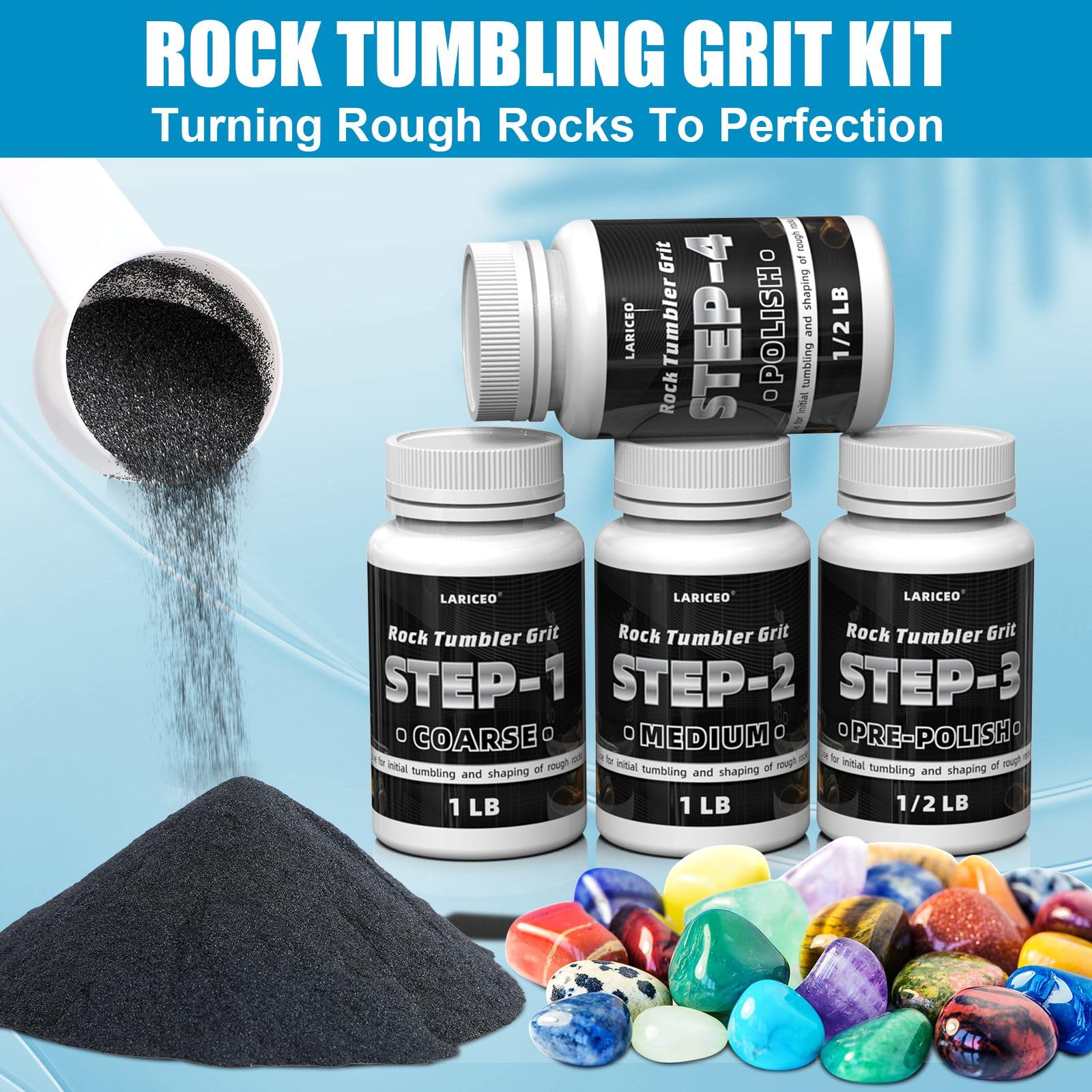3LB Rock Tumbler Grit and Polish Refill Kit - 4 Step Professional Rock Polishing Grit Set for Shining Stones - Compatible with National Geographic, KomeStone & Most Rock Tumblers - Perfect for Jewelry Making, Geology Hobbies & DIY Craft Projects