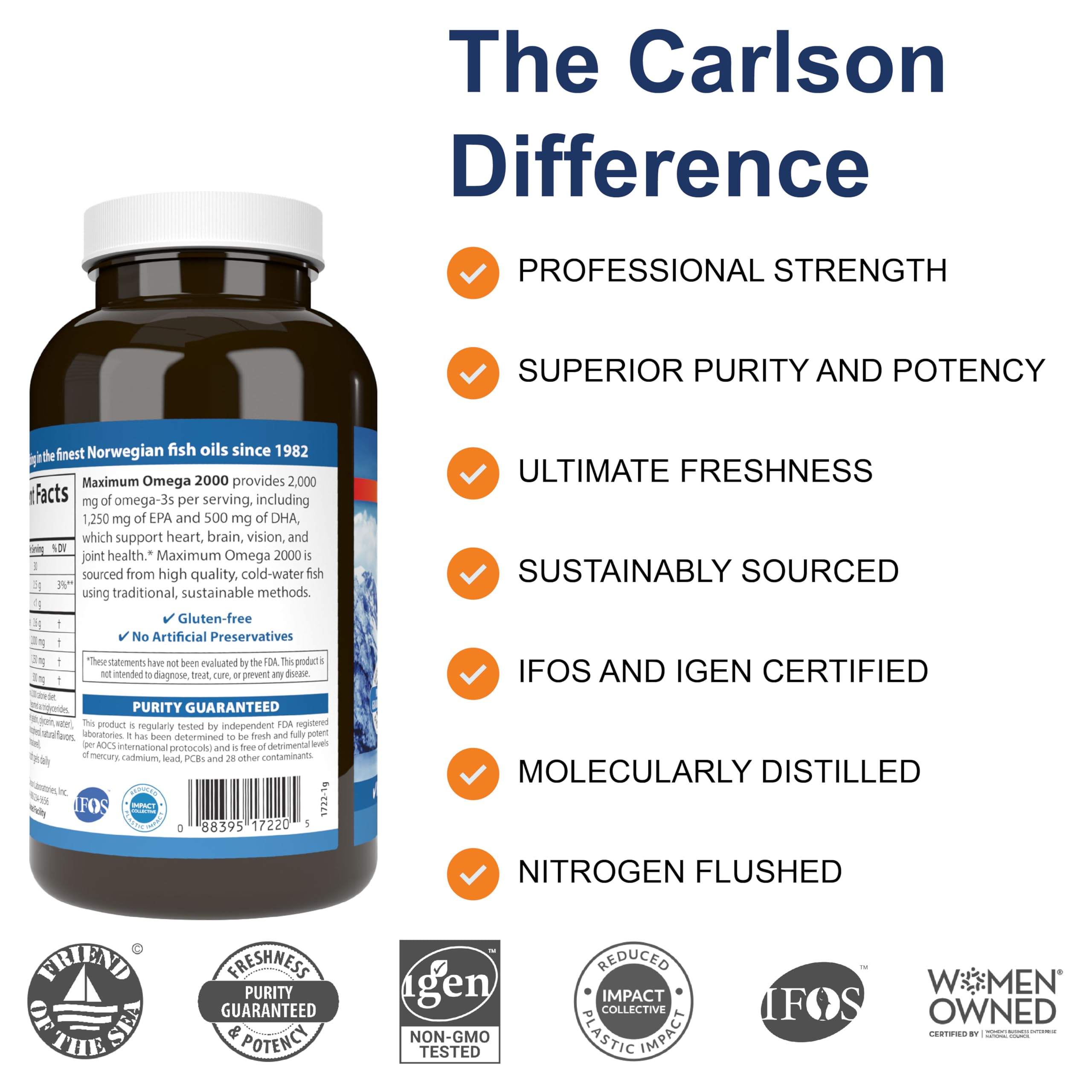Carlson Maximum Omega 2000 - 2000mg Wild-Caught Norwegian Fish Oil Softgels with EPA & DHA, Sustainably Sourced Lemon Flavored Omega-3 Supplement (180 Count) for Heart, Brain & Joint Health Support