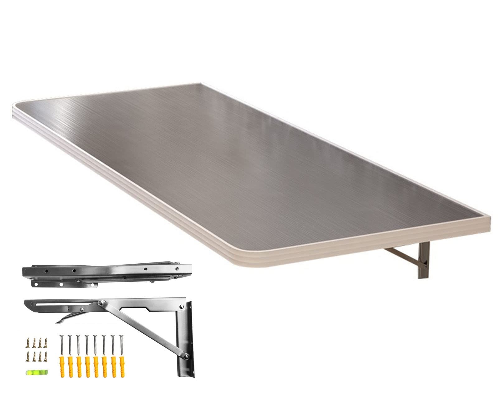 Space Saving Wall Mounted Folding Desk - Large Fold Down Table, Floating Wall Desk for Garage, Home Office, Laundry Room, Bar & Kitchen | Silver Finish | Perfect for Small Spaces & Multi-Purpose Use