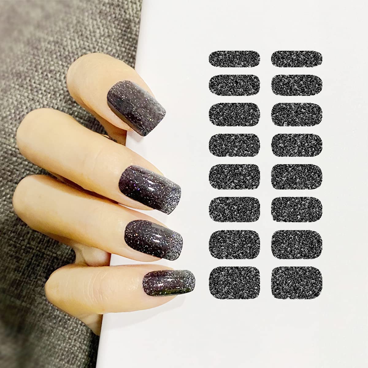Black Glitter Nail Wraps - Self-Adhesive Nail Art Strips with Solid Color & Glitter Designs (128 Pieces, 8 Sheets) - Perfect for Women's Manicures, Parties, Weddings & Special Occasions
