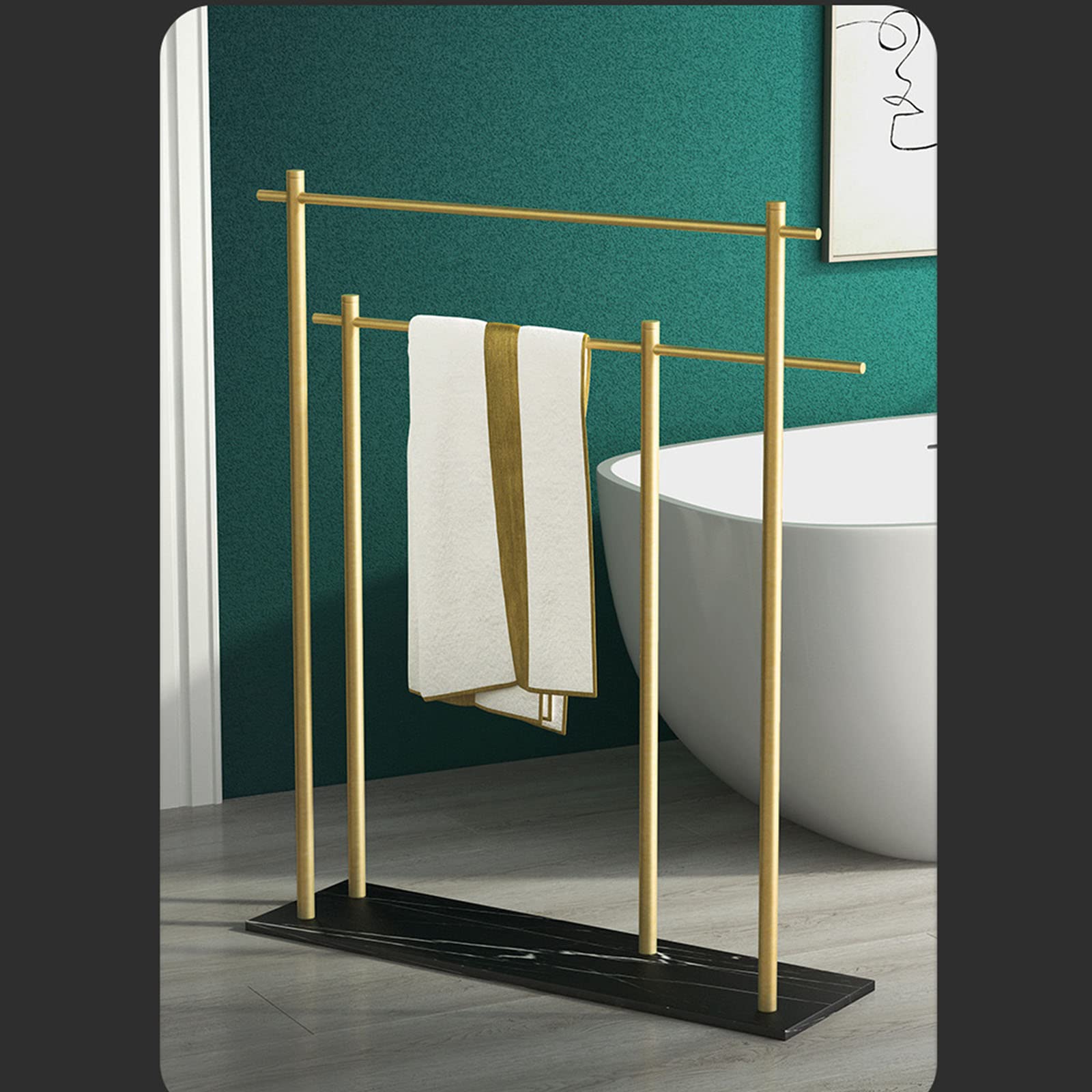 2-Tier Freestanding Towel Rack for Bathroom, Living Room & Bedroom - Space-Saving Black Standing Towel Holder for Pool, Blankets & Quilts - Perfect for Home, Vacation House & Spa Decor