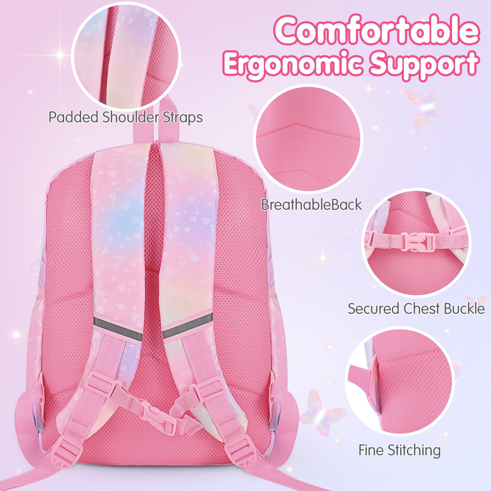 Cokouchyi 3 Pcs Kids Backpack Set with Lunch Box & Pencil Case - Lightweight Preschool Backpack for Girls Age 4-8, Elementary School Book Bag with Butterfly Design - Perfect for School, Travel & Daily Use