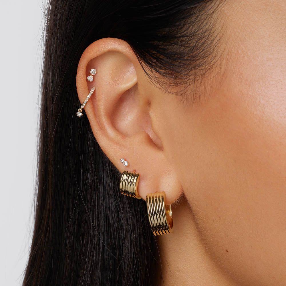 10k Gold Diamond Twin Cluster Helix Single Stud Earrings for Women - Perfect for Parties, Weddings & Everyday Elegance