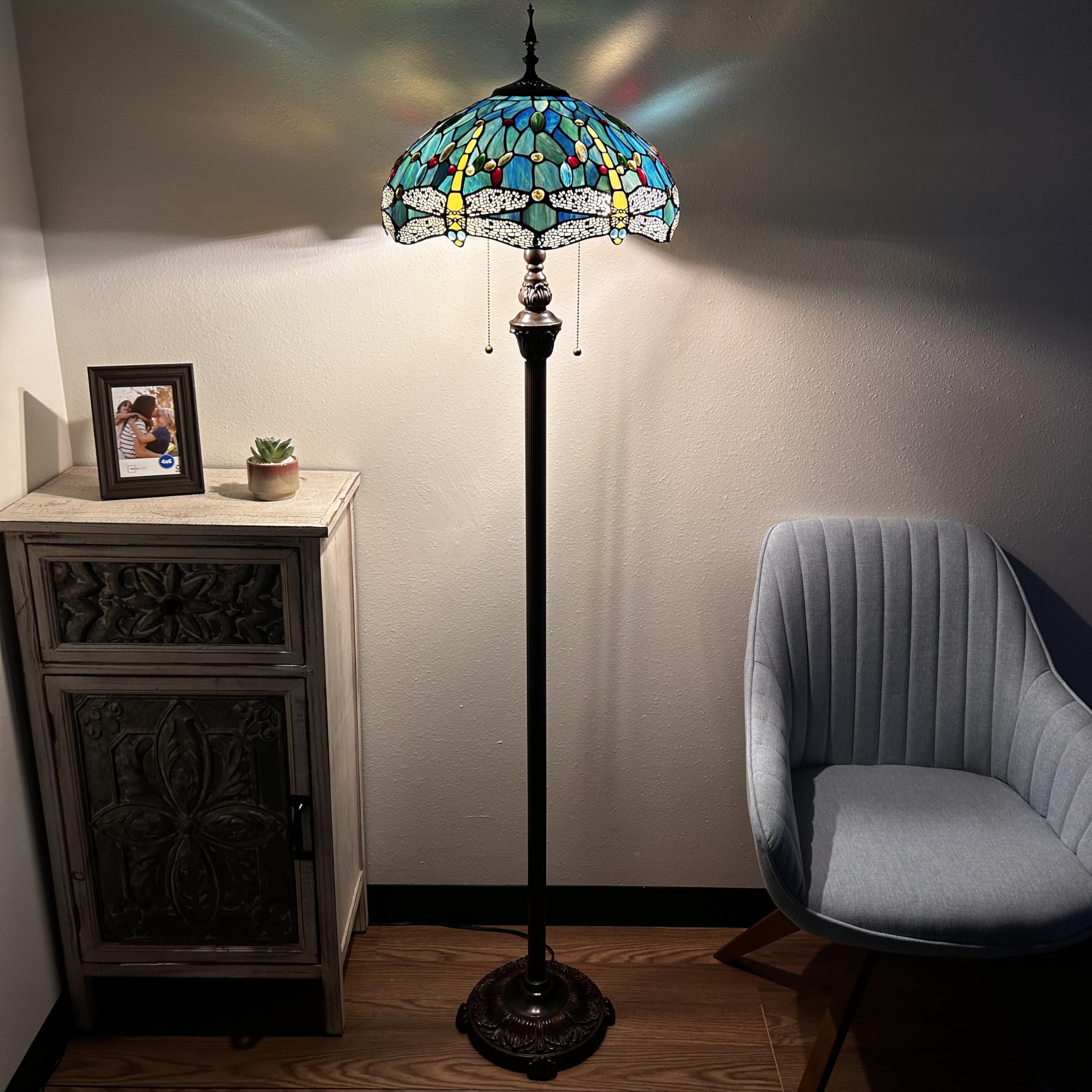 Tiffany Style Dragonfly Stained Glass Floor Lamp with Metal Base - Green & Blue Art Nouveau Design, Includes LED Bulbs (16