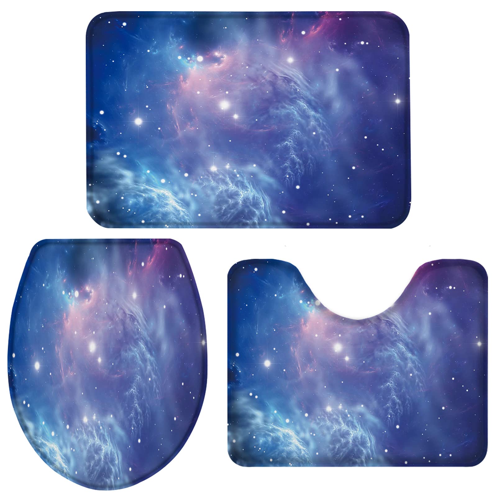 3 Piece Bathroom Rugs Set - Galaxy Nebula Starry Sky Purple Non-Slip Bath Mat, U-Shaped Rug & Toilet Cover - Super Absorbent, Machine Washable Bathroom Mats for Tub, Shower & Vanity Areas - Perfect for Modern, Spa-Like Bathroom Decor