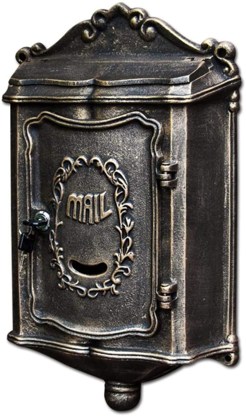Vintage Wall Mounted Outdoor Mailbox - Antique Gold & Black Retro Newspaper Box for Porch, Garden, or House Exterior | Weatherproof & Durable Metal Post Box for Mail Delivery