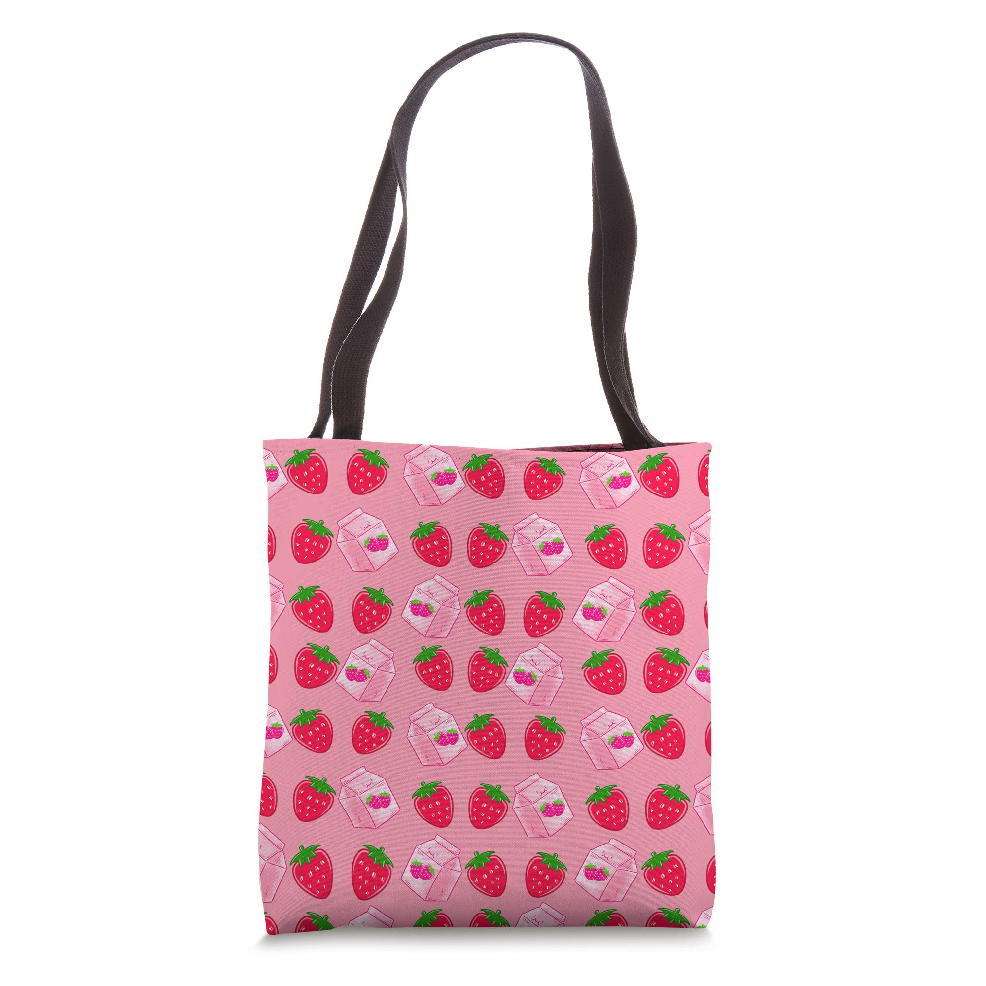 Kawaii Strawberry Milk Print Japanese Style Tote Bag - Cute Fruit Pattern Reusable Shopping Bag for Women, Girls, Gift, School, Grocery, Beach