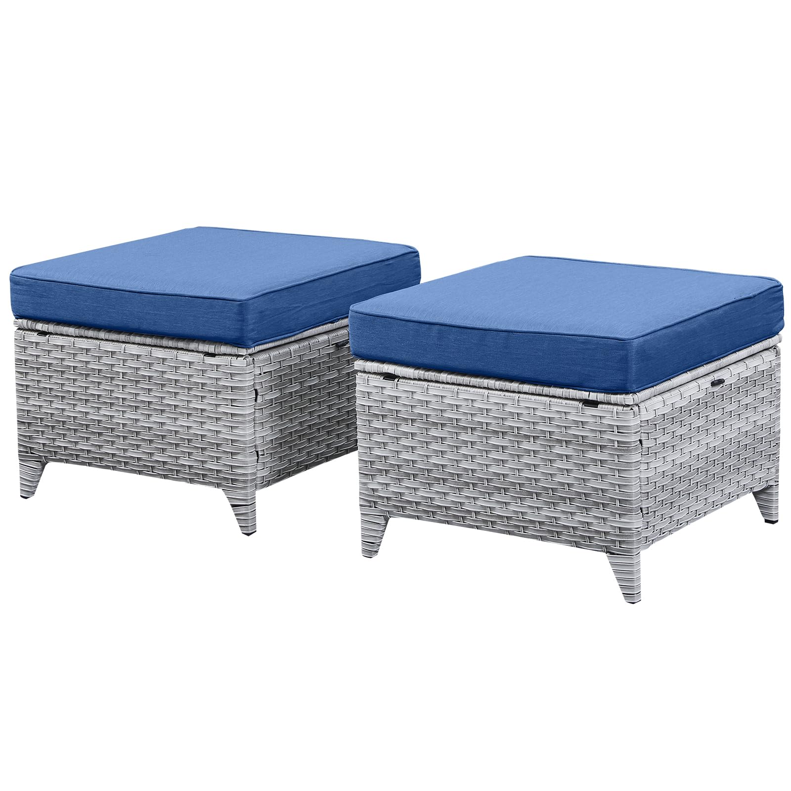 Outdoor Patio Furniture Ottoman Set of 2 - All-Weather Wicker Rattan Footstool with Soft Cushions - Perfect for Garden, Poolside, Deck & Backyard Relaxation