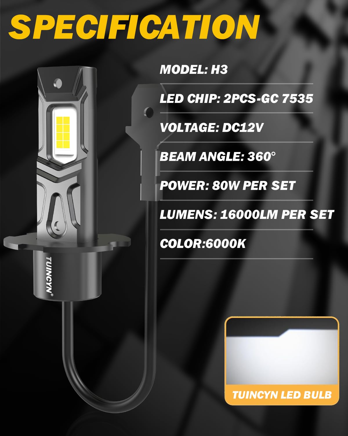 2024 Upgraded TUINCYN H3 LED Bulb - Super Bright 16000LM 80W 12V 6000K White Mini Fog Light - Fanless Design, Plug & Play, No Adapter Needed, Non-Polarity - Perfect for Car Headlights, Fog Lights & Off-Road Vehicles (Pack of 2)