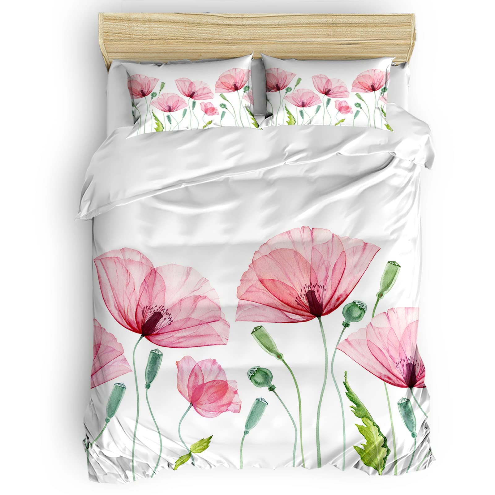 **Laibao Twin Size Duvet Cover Set - Red Poppy Flower Watercolor Design on White Background, Soft & Breathable Bedding Includes 1 Comforter Cover, 1 Flat Sheet & 2 Pillowcases - Perfect for Kids' Bedrooms, Guest Rooms & Cozy Home Decor**