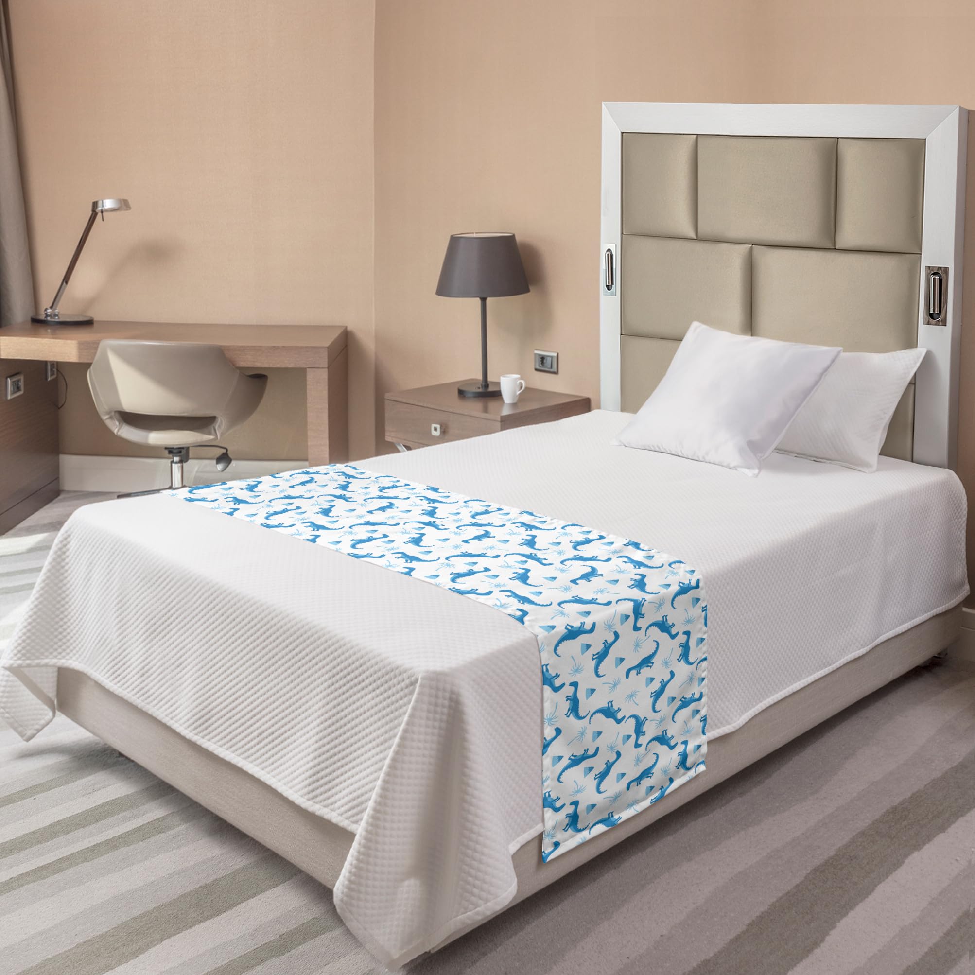 Ambesonne Dino Bed Runner - Monochrome Funny Dinosaur Print with Palm Trees & Volcano Design - Decorative Bed Scarf for Hotels, Homes & Guest Rooms (Pale Blue/White) - Perfect for Kids' Rooms, Dinosaur-Themed Decor & Coastal Bedroom Styling