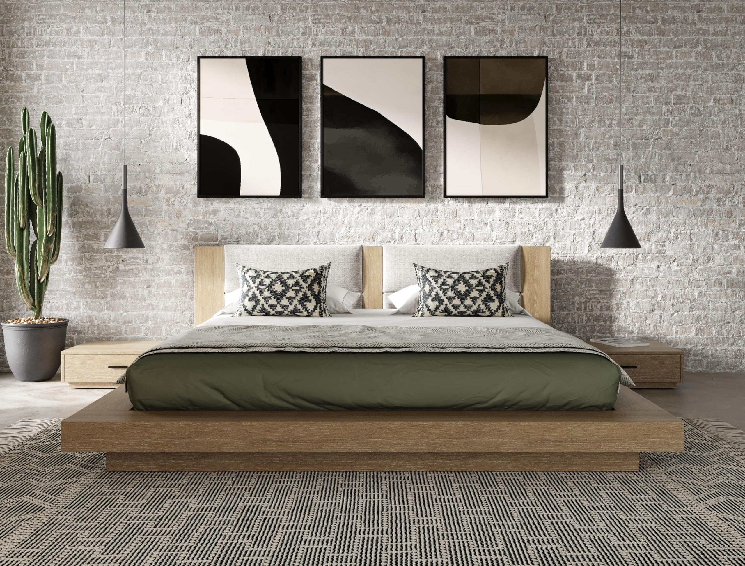 Gerda Collection Contemporary Solid Acacia Wood Veneer King Bed & 2 Nightstands 3-Piece Set - Light Walnut & Light Gray Polyester Upholstery | Perfect for Modern Master Bedrooms & Guest Rooms