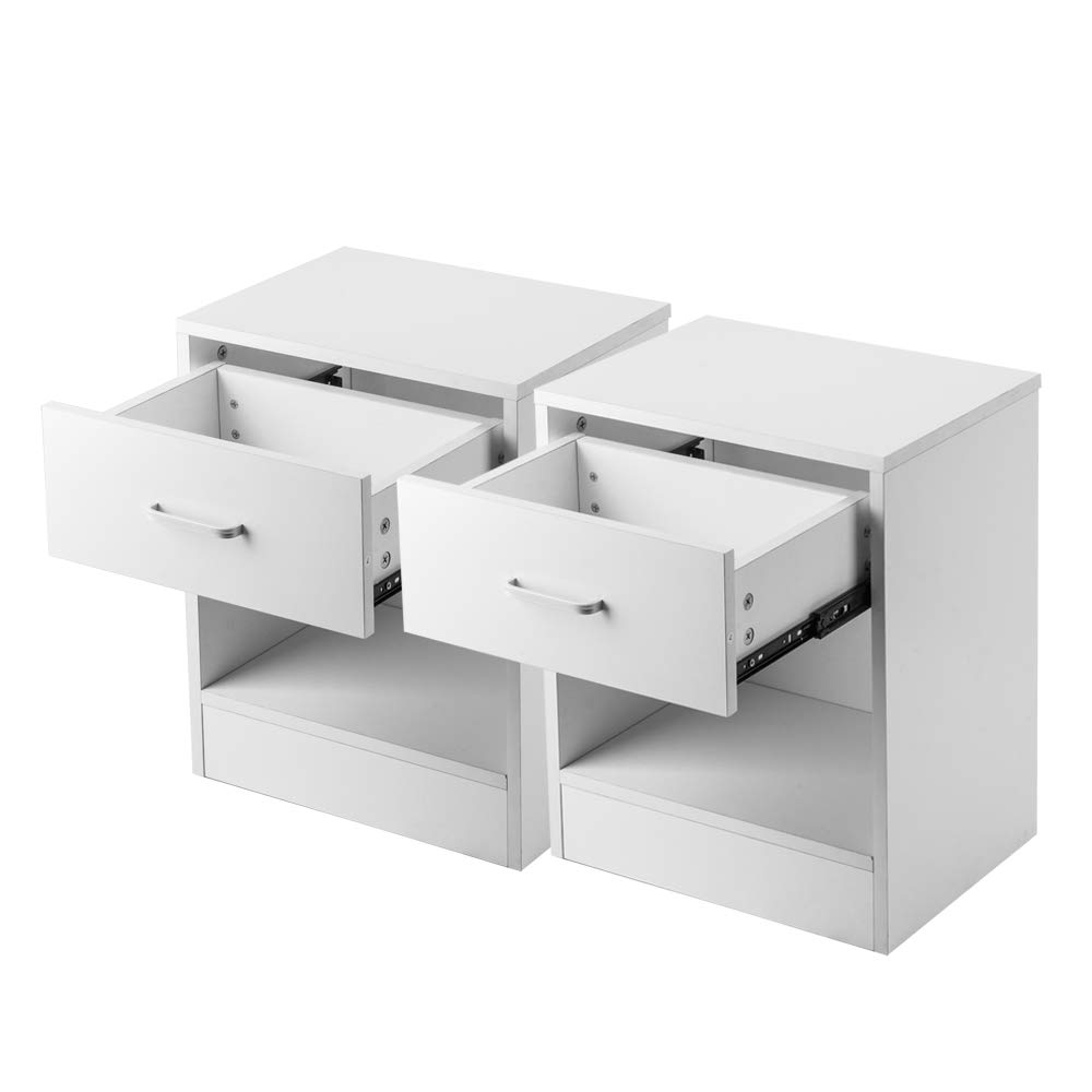 2PC White Nightstand with Drawer & Storage Shelf - Modern Bedside End Table for Bedroom, Living Room, or Office - Perfect for Small Spaces & Home Organization