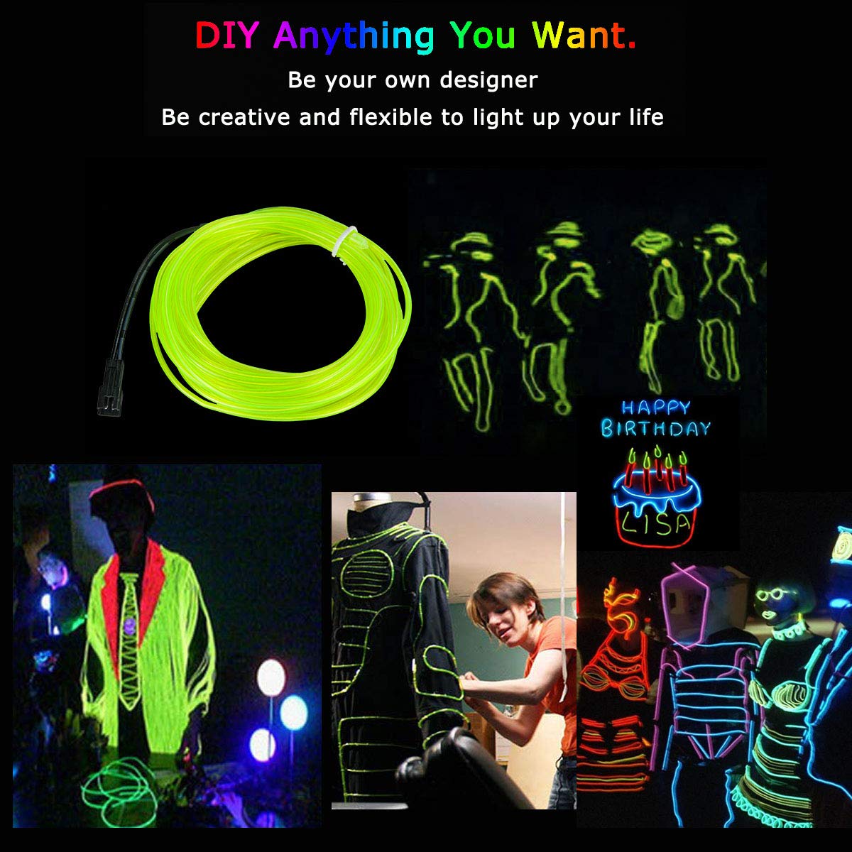 JIGUOOR EL Wire Battery Pack - 9.8ft/3m Bright Neon Light Strip with 360° Illumination - Flexible Neon Tube Rope Lights for DIY, Halloween, Christmas, Party, Festival, Bar Decor - Fluorescent Green - Perfect for Nightclubs, Rave Parties, and Home Decoration