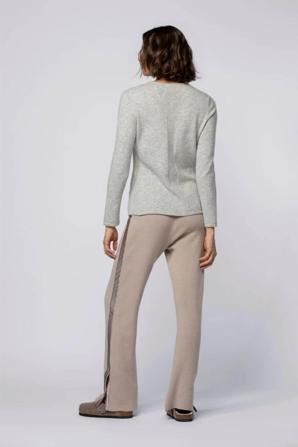 Bani Flared Knit Pants with Silk Stripes in Taupe - Women's High Waist Comfortable Stretchy Lounge Pants for Yoga, Travel & Casual Wear
