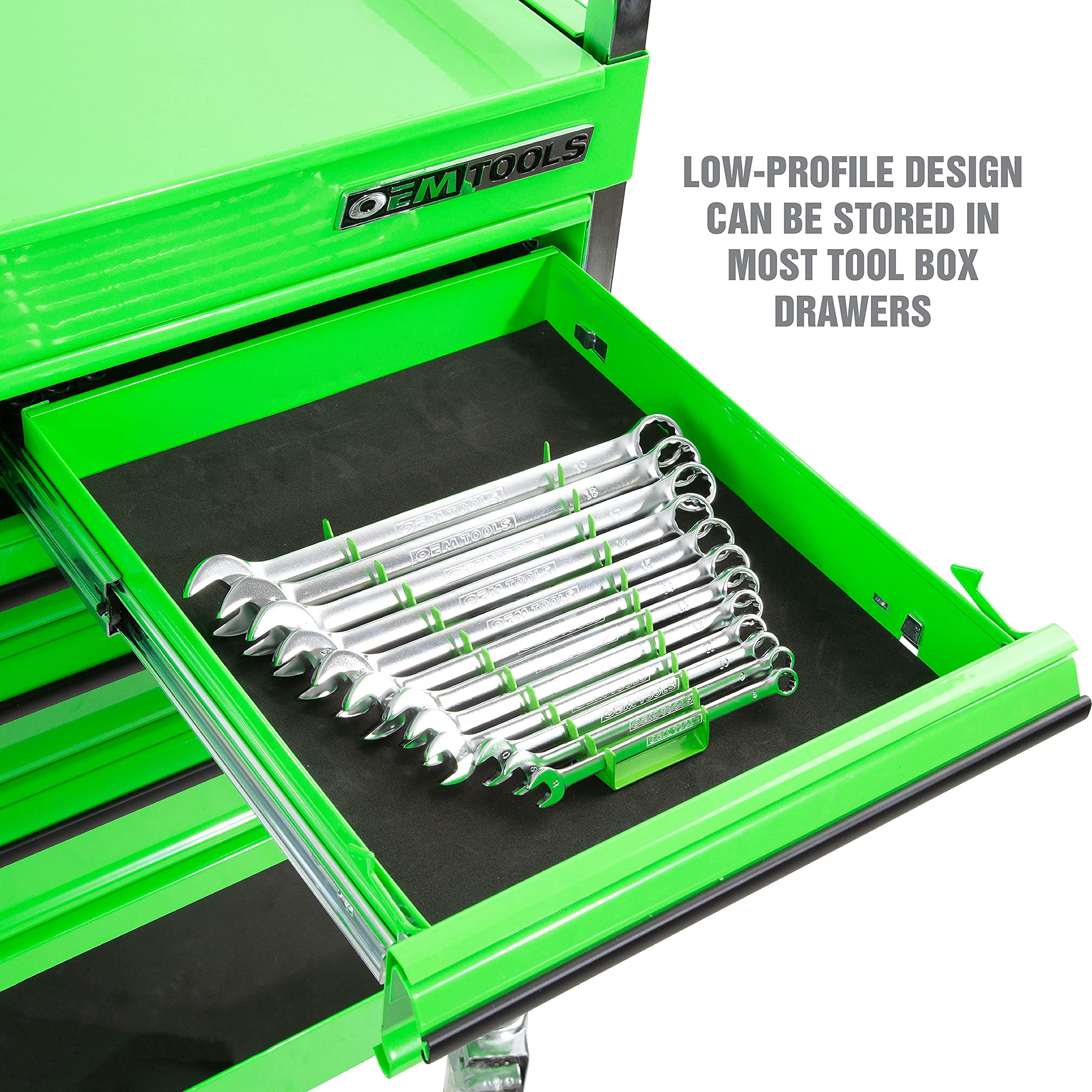 OEMTOOLS 22177 Professional Magnetic Wrench Organizer - 12 Slot SAE & Metric Tool Storage Rail for Toolboxes & Metal Surfaces (Green) - Perfect for Garage Organization & Mechanic Workshop Tool Storage