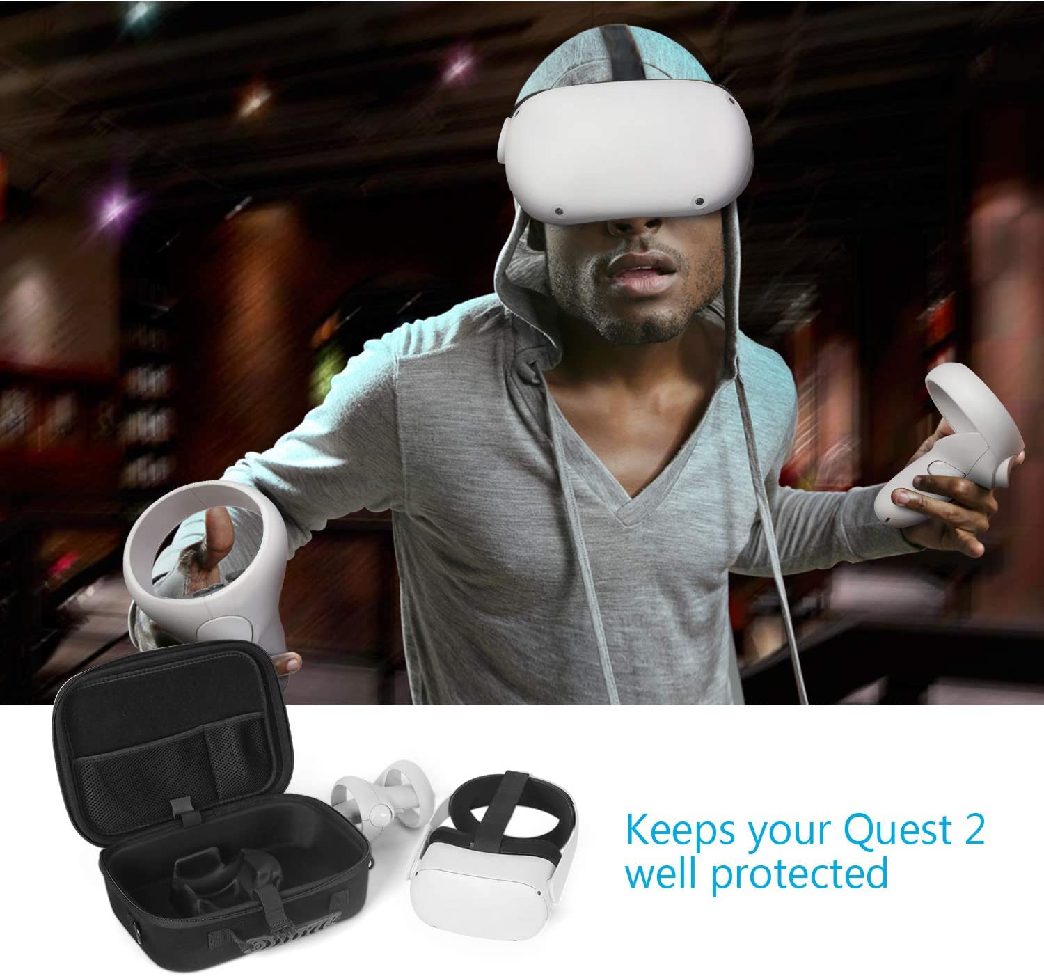 JSVER Hard Travel Carrying Case for Meta Quest 2 VR Headset - Protective Storage for Controllers, Battery & Elite Strap | Includes Shoulder Strap, Silicone Face Mask & Lens Covers | Perfect for Travel, Gaming Parties & VR Storage Protection
