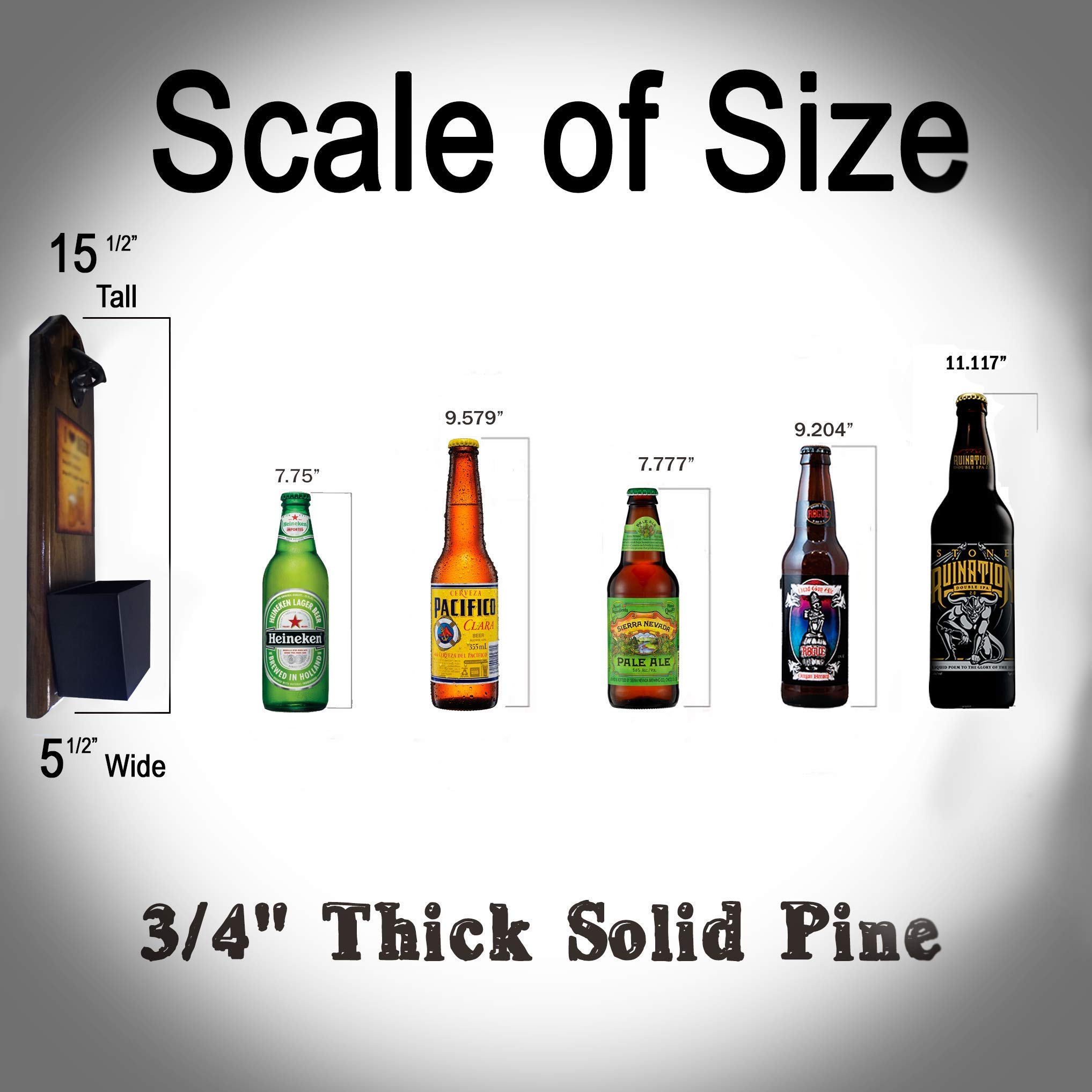 Mas Cerveza Rustic Wall Mounted Bottle Opener with Cap Catcher - Handcrafted Solid Pine & Cast Iron Beer Opener - Galvanized Bucket for Easy Cap Collection - Perfect for Home Bars, Man Caves, and Outdoor Entertaining