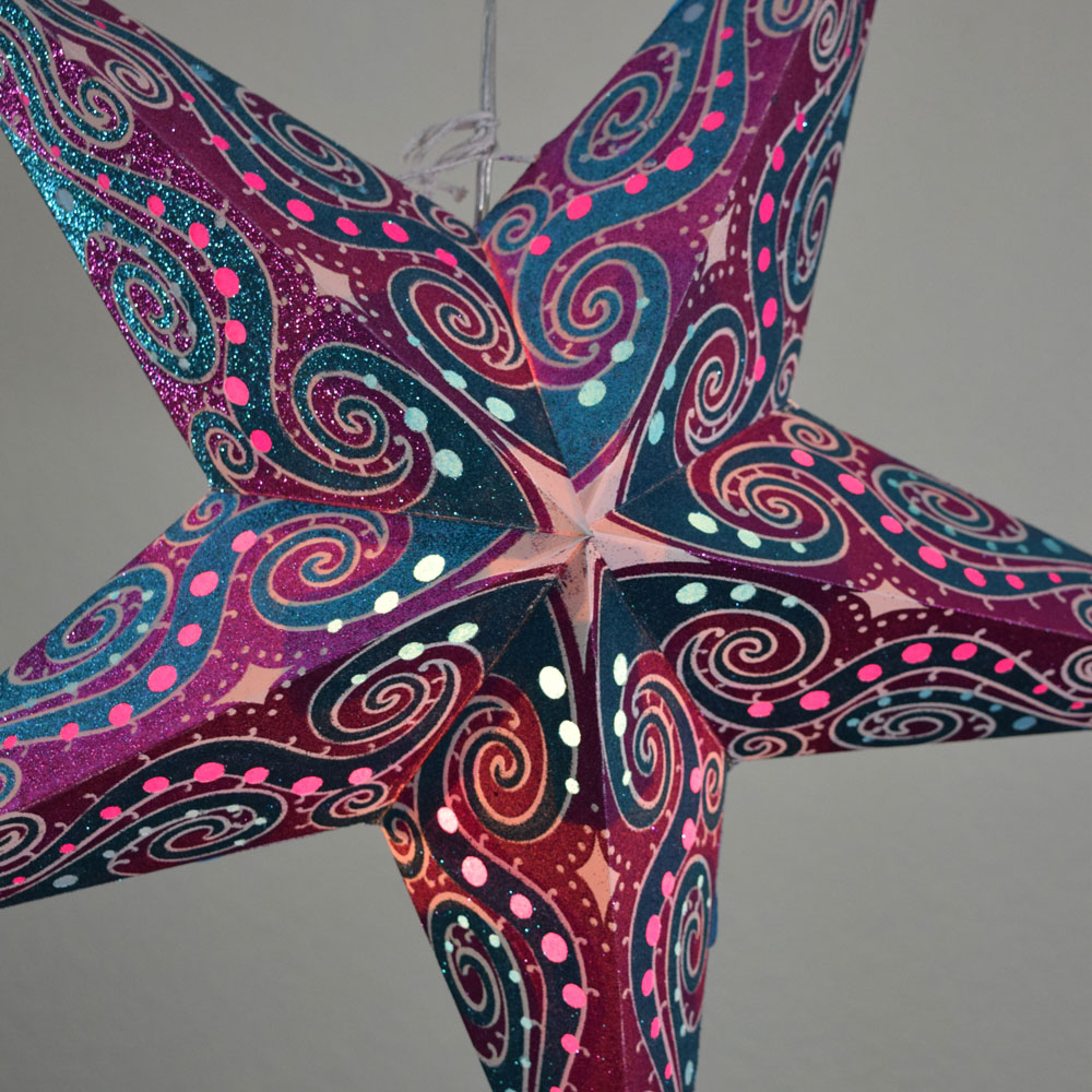 24 Pack Magenta Purple Pink Mouri Glitter Paper Star Lanterns - Hanging Party Decorations for Wedding, Birthday, Festival & Home Decoration