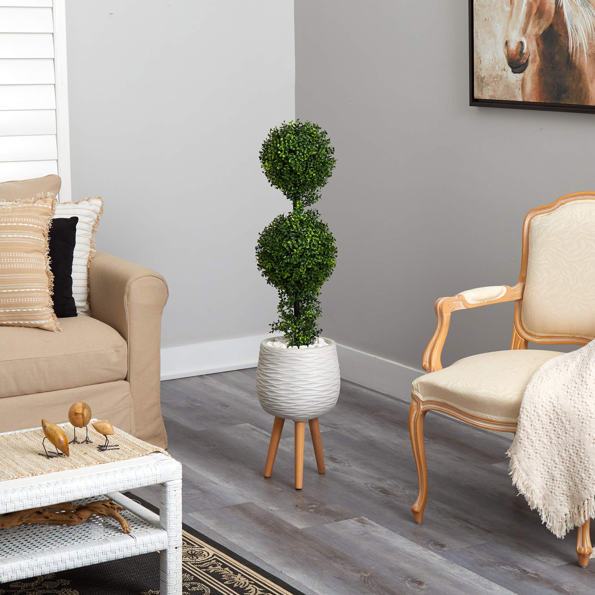 Nearly Natural 4ft Artificial Boxwood Double Ball Topiary Tree in White Planter with Stand - Indoor Outdoor Decor for Patio, Garden, Porch, Living Room & Office