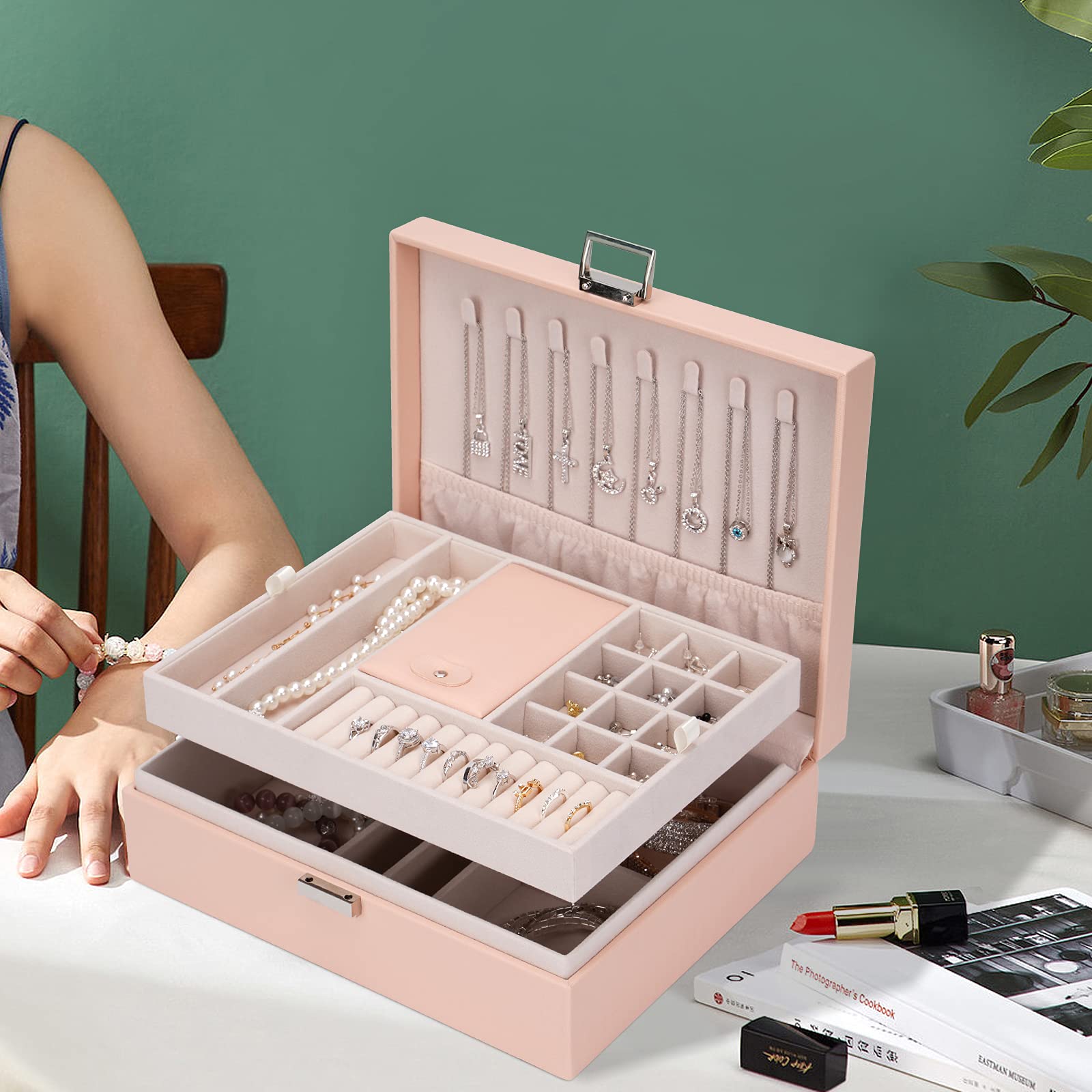 Large Travel Jewelry Organizer Box - Portable Jewelry Storage Case for Earrings, Rings & Necklaces | Pink Jewelry Box for Women | Perfect for Travel, Home & Gift Giving