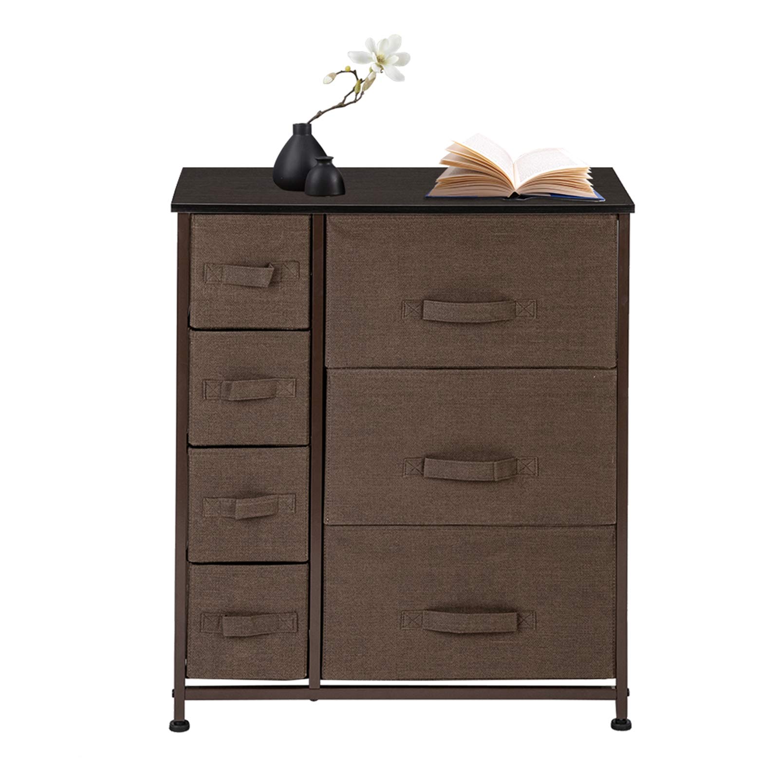 GBNIJ 7-Drawer Dresser with Steel Frame & Wood Top - Fabric Storage Tower for Bedroom, Closet, Office & Hallway Organization - Easy Pull Drawers, Brown - Perfect for Small Space Storage & Home Decor