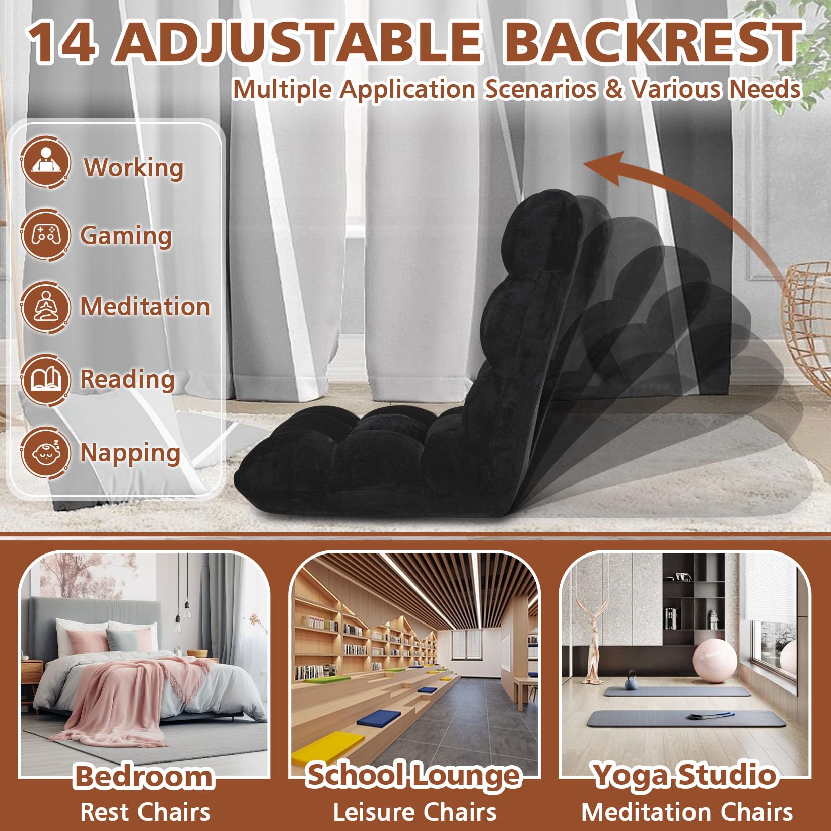 14-Position Adjustable Folding Floor Chair with Cushion - Breathable Cotton & Skin-Friendly Flannel - Perfect for Reading, Meditation, Yoga & Relaxation - Great for Adults & Kids - Black (Ideal for Living Room, Bedroom, Dorm & Office Use)