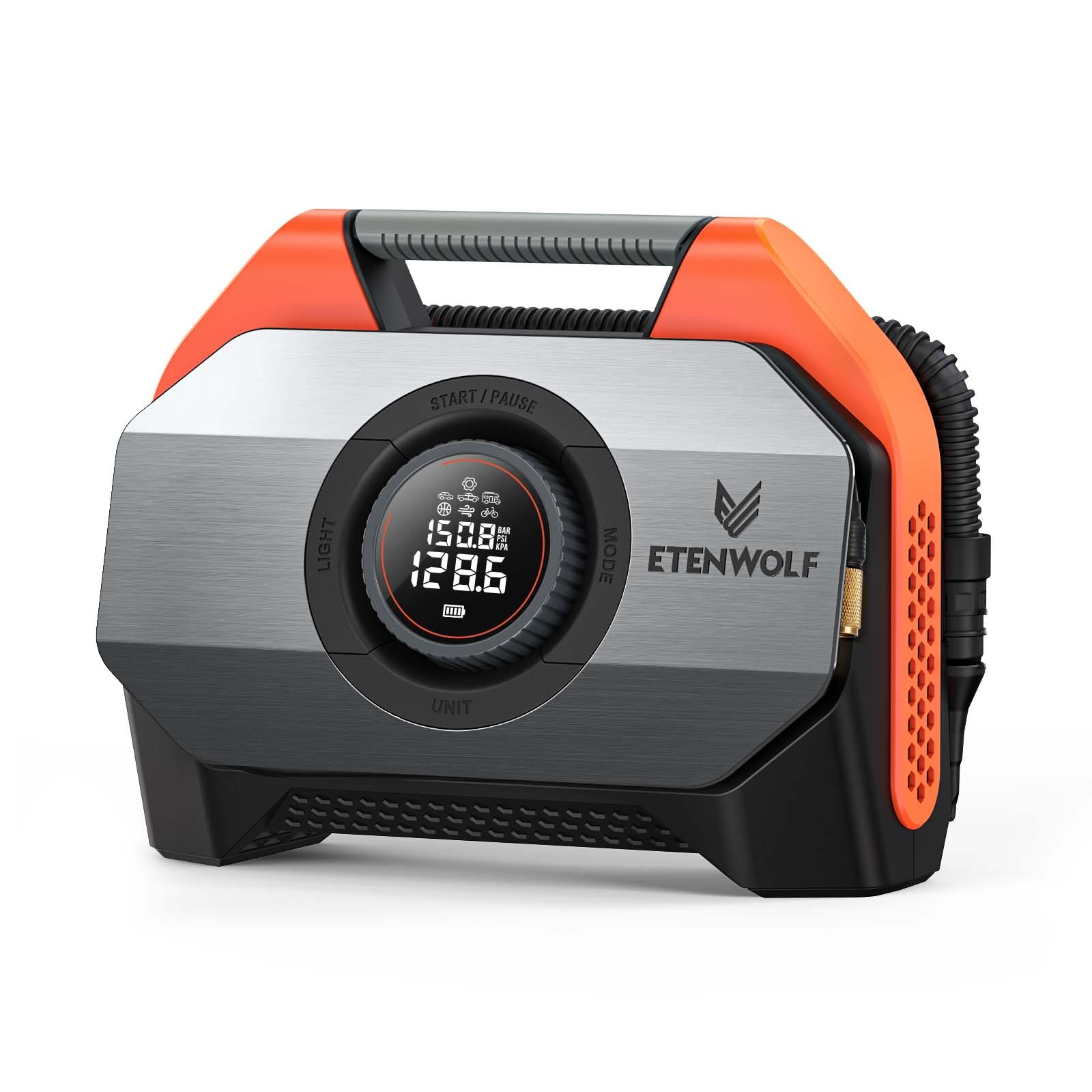 ETENWOLF VORTEX S6 Heavy-Duty Cordless Tire Inflator - 19200mAh Portable Air Compressor for Cars, Trucks, SUVs & Inflatables | 100% Duty Cycle Dual Cylinder Bike Pump | Fast Inflation for Emergency Roadside & Camping Use (Vivid Orange)