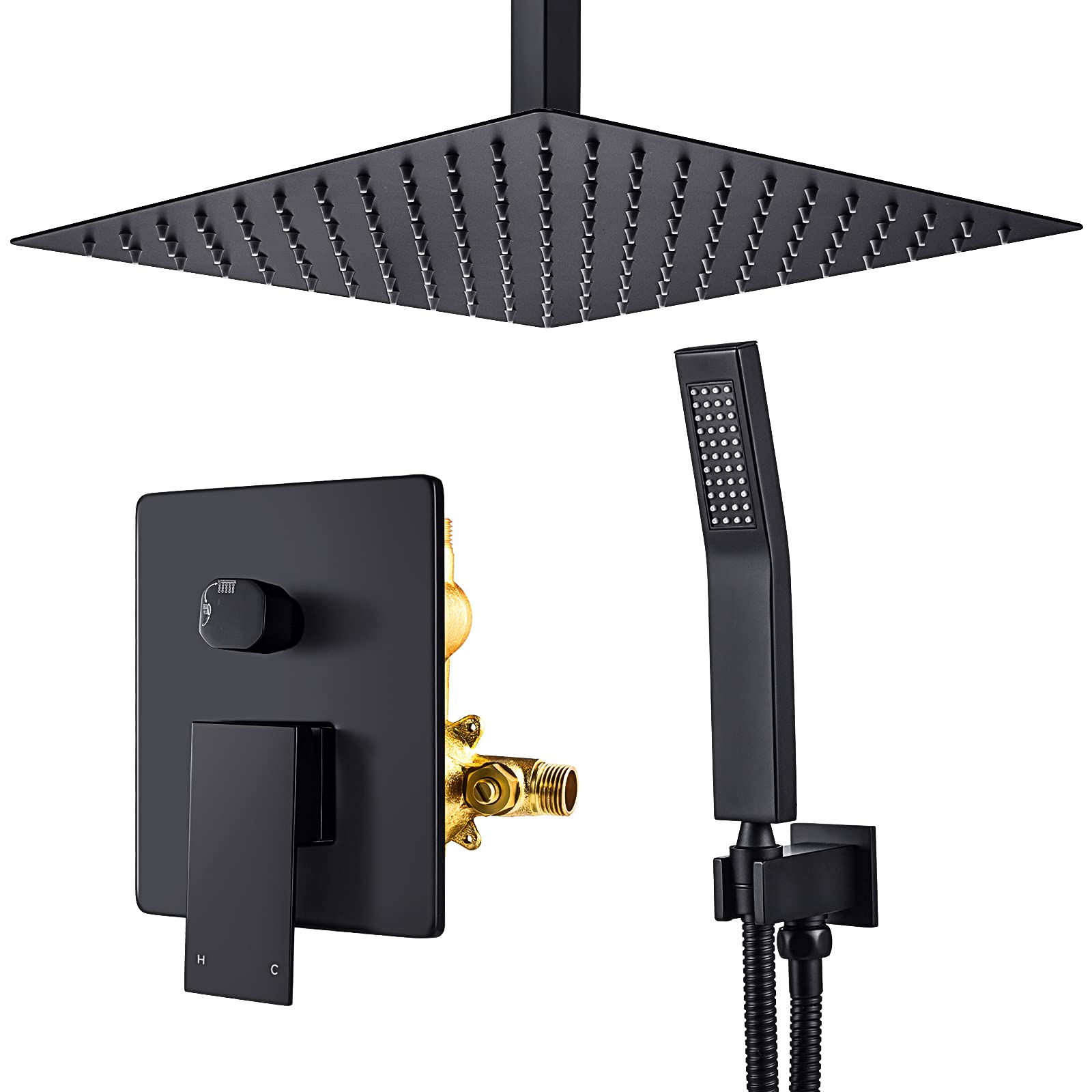 Premium Matte Black Shower Faucet Set - 12 Inch Ceiling Mount Rain Shower Head & Handheld Shower Combo with Rough-In Valve & Trim Kit for Luxury Bathroom Renovation | Perfect for Spa-Like Experience & Modern Home Upgrades