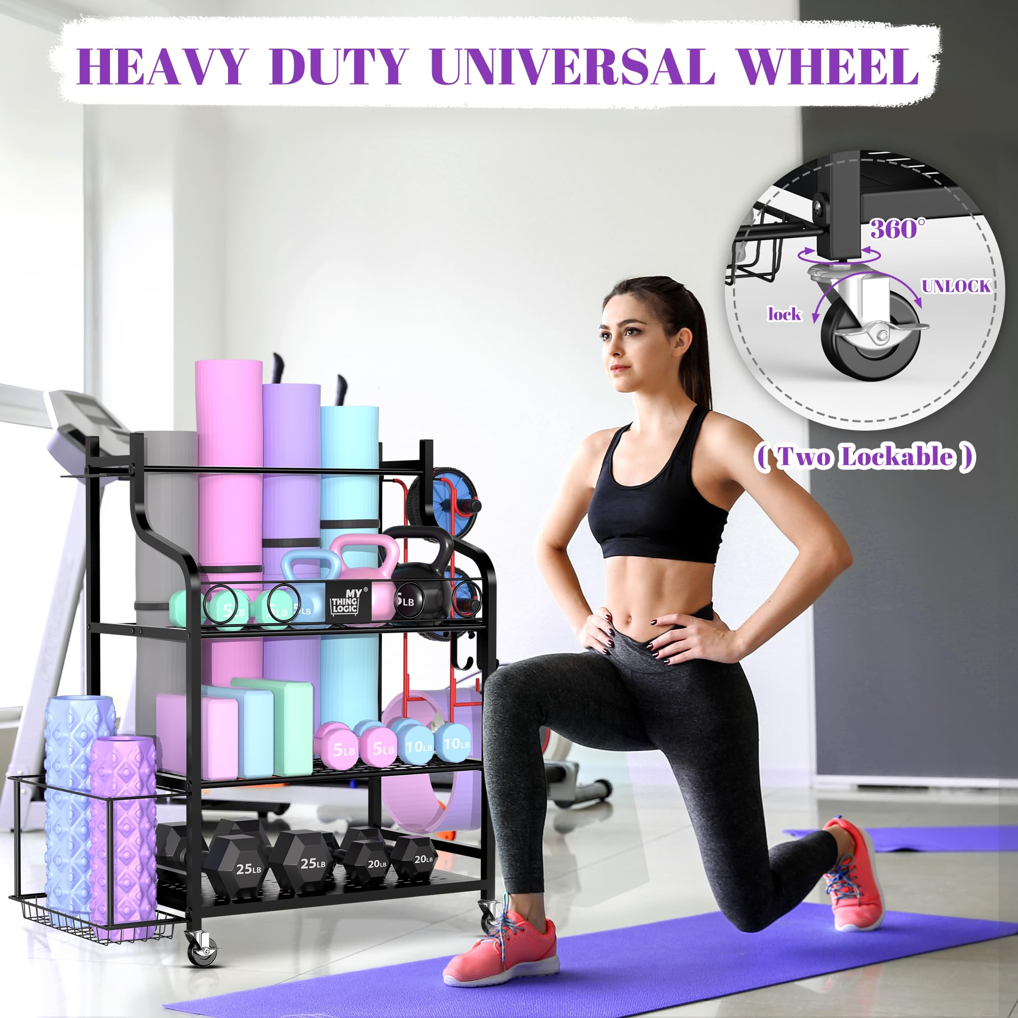 Mythinglogic Yoga Mat Storage Rack - Heavy Duty Home Gym Organizer for Dumbbells, Kettlebells, Foam Rollers, Yoga Straps & Resistance Bands - Space Saving Workout Equipment Storage with Hooks & Wheels - Perfect for Home Gym, Yoga Studio & Fitness Room Organization