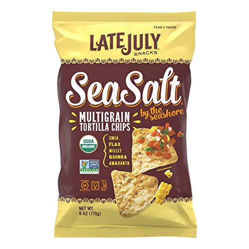 LATE JULY Multigrain Tortilla Chips with Sea Salt - 6 oz. Bag (Pack of 12) | Healthy Snack for Parties, Picnics & Beach Outings | Gluten-Free & Non-GMO Snacks