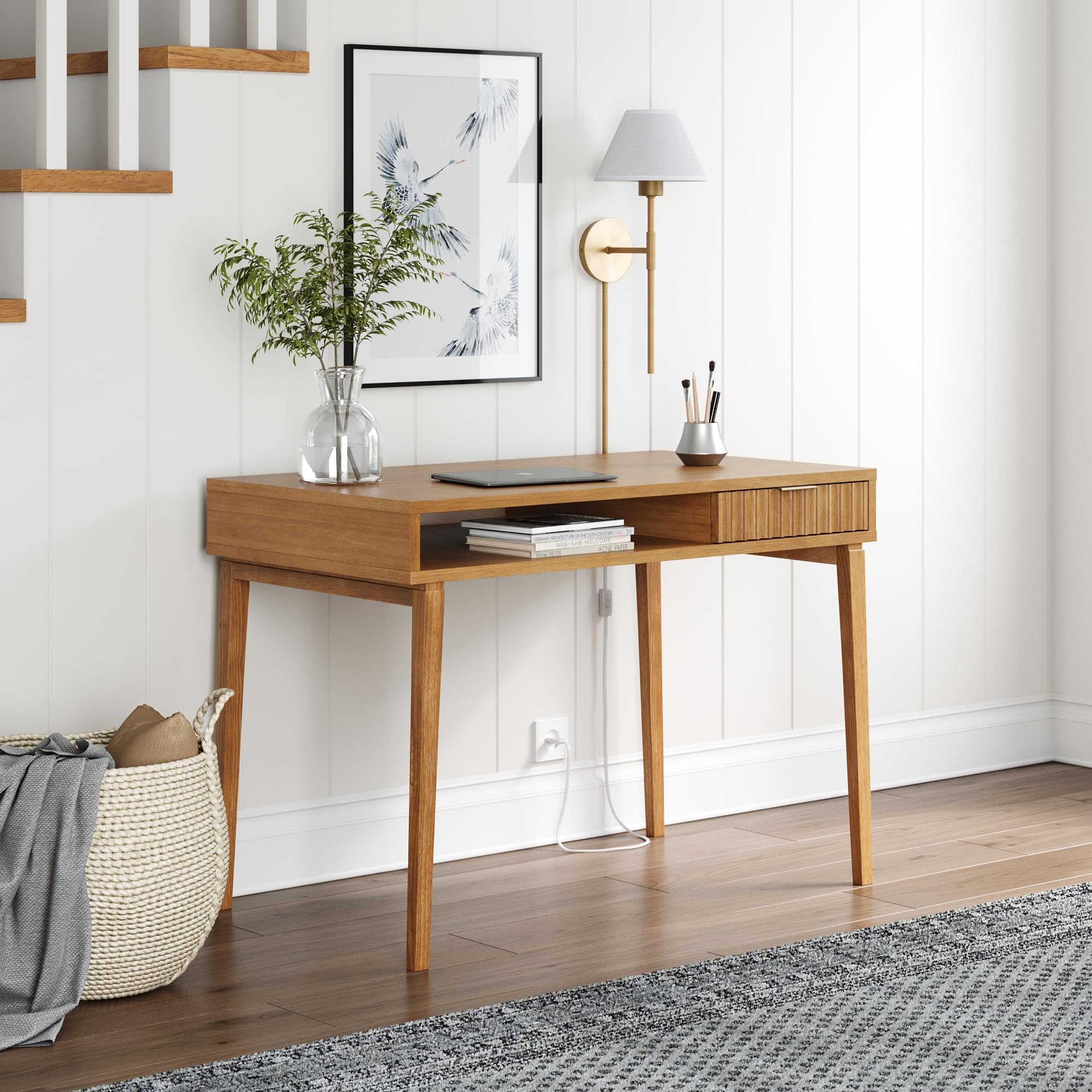 Nathan James Jasper Small Home Office Desk with Storage - Bohemian Style Writing Desk with Drawer & Open Cubby, Natural Brown Wood - Perfect for Small Spaces, Home Office & Study Room
