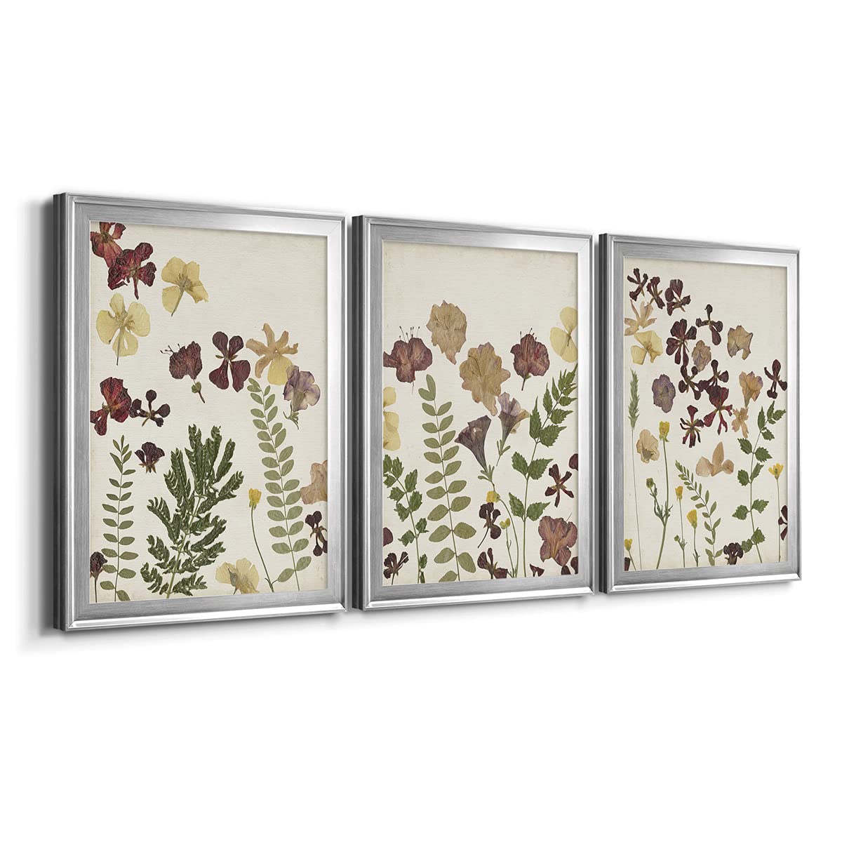 Silver Framed Canvas Wall Art Set - 3-Piece Floral & Animal Pressed Flower Arrangement (18x24 Inches Each) | Italian Art Deco Style for Living Room Décor | Perfect for Home, Office & Gift Giving
