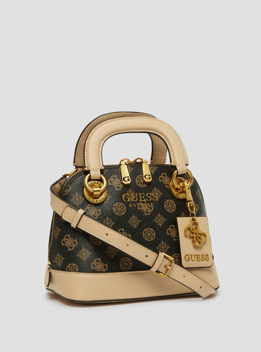 Brown Multi Logo Cathleen Small Dome Satchel Handbag for Women - Stylish Crossbody Purse for Work, Travel & Everyday Use