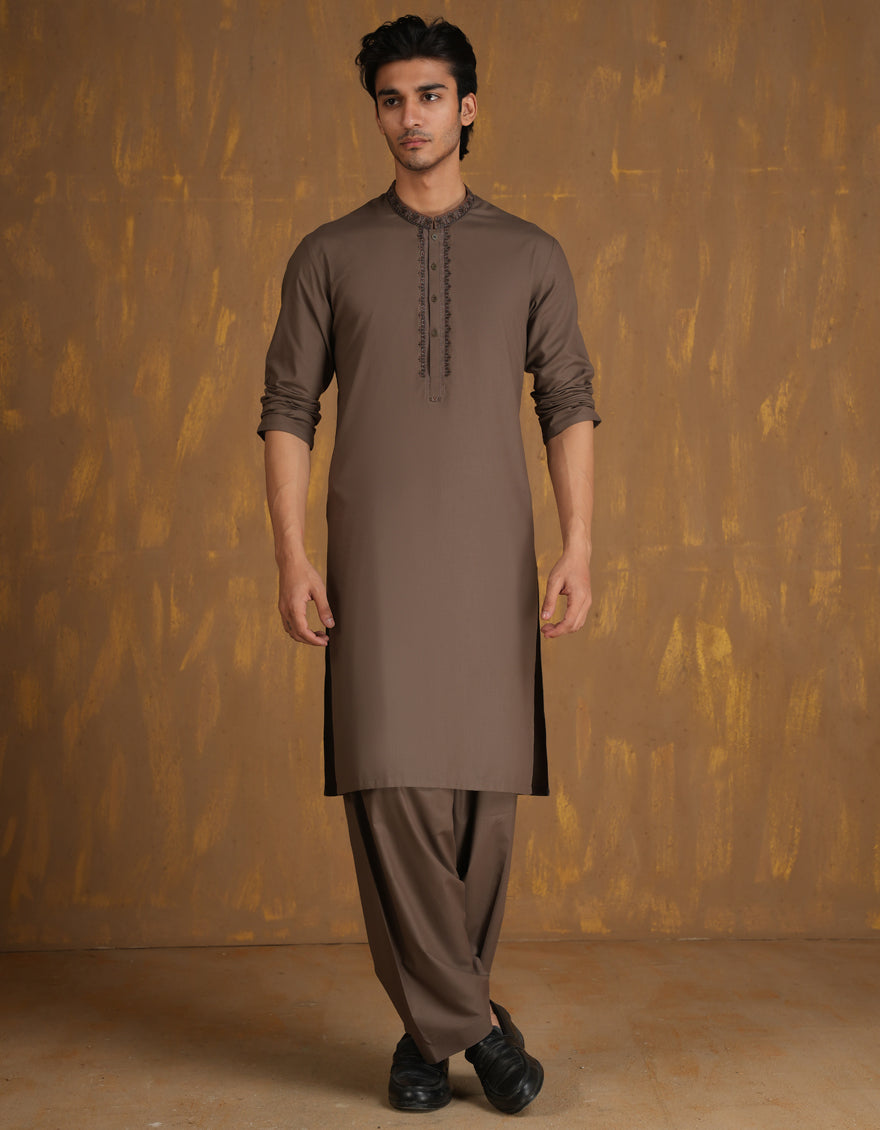 Elegant Blended Brown Shalwar Kameez by J. Junaid Jamshed - Traditional Pakistani Outfit for Men, Perfect for Weddings, Eid & Special Occasions