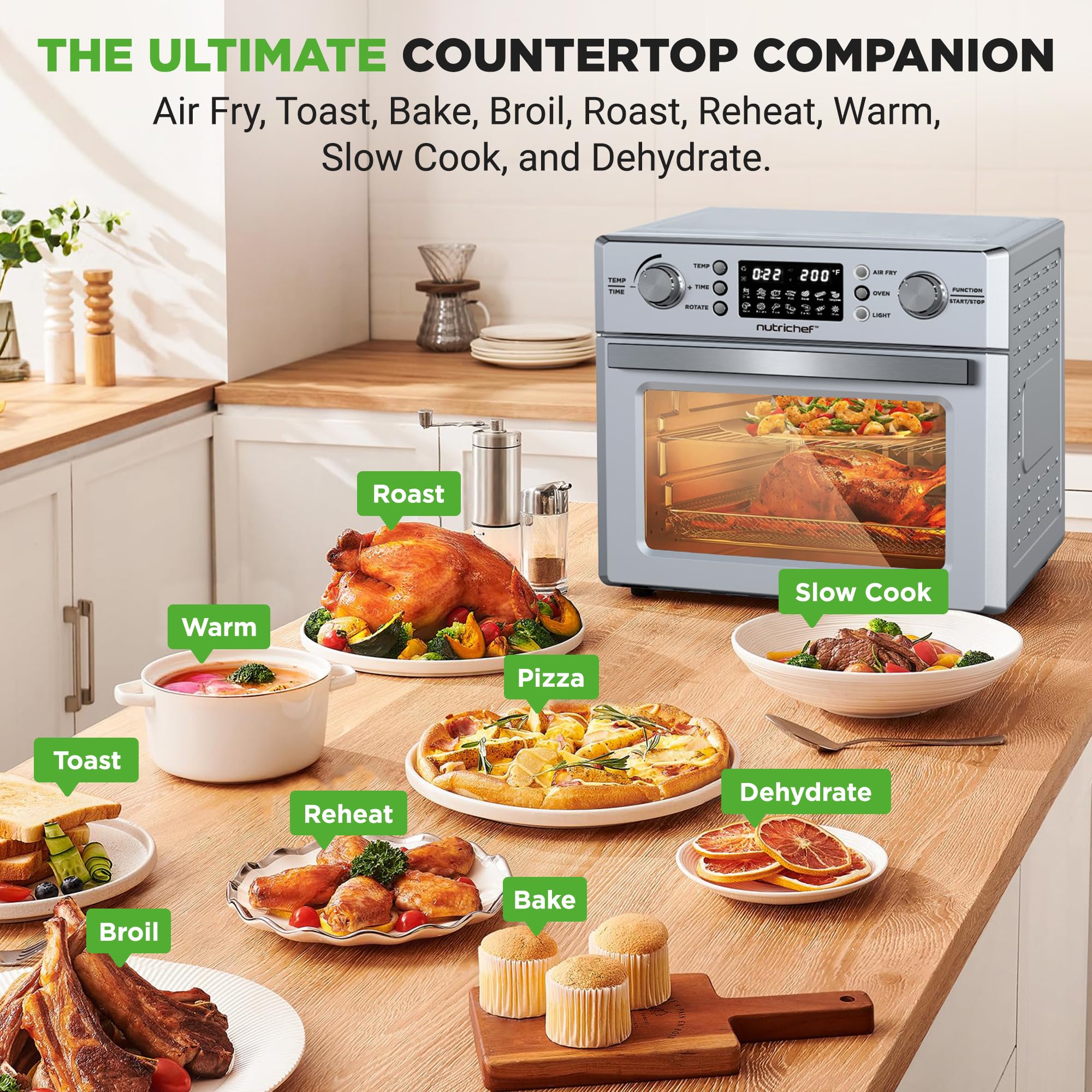 NutriChef 26L Electric Air Fryer Oven with Rotisserie - 1700W Countertop Air Fryer, 360° Rotating Feature, 10 Digital Presets - Includes Drip Tray, Basket & Bake Rack (15x16x14, Silver) - Perfect for Healthy Frying, Baking, Roasting & Family Meals