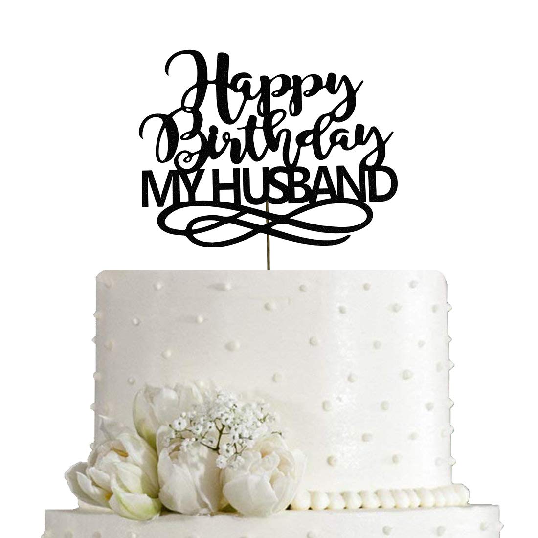 Happy Birthday My Husband Cake Topper - Double Sided Black Glitter Wedding Anniversary Party Decoration for Husband's Birthday, Retirement, Valentine's Day Celebration