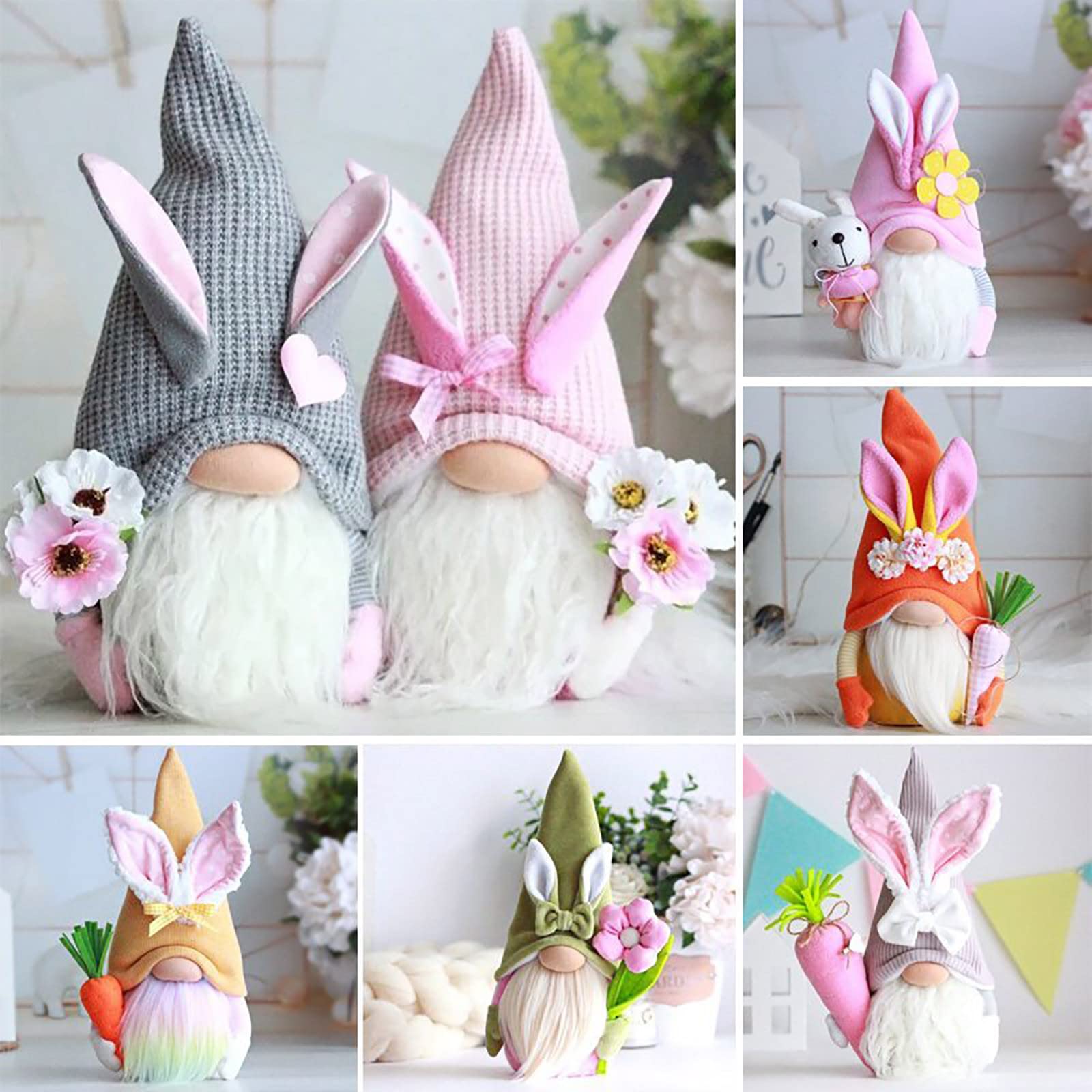 Easter Bunny Gnome with Flowers - Spring Home Decor, Faceless Old Man Doll, Unique Easter Gift for Indoor & Outdoor Decorations