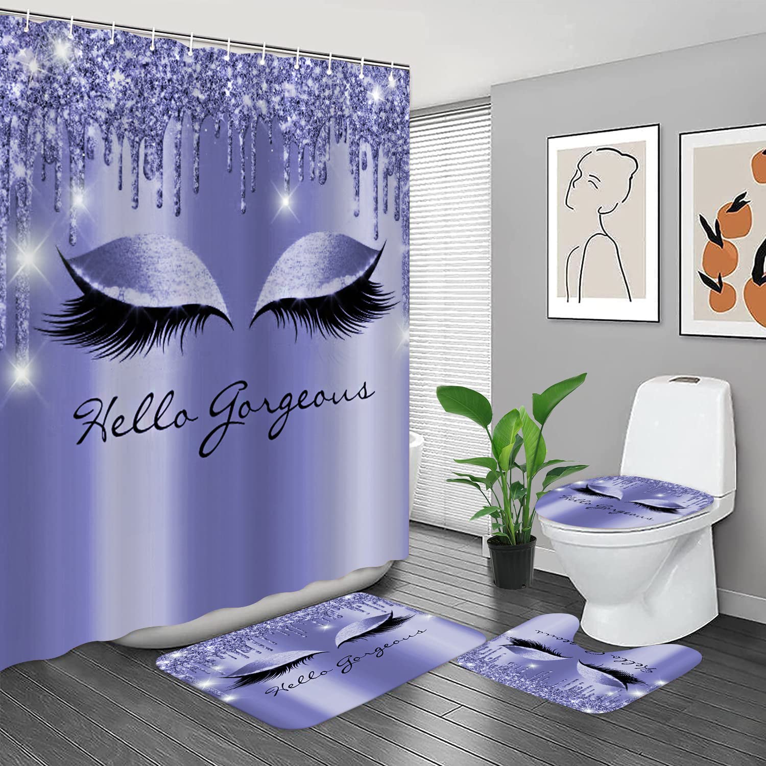 4Pcs Elegant Purple Roses Shower Curtain Set with Matching Bath Rugs & Hooks - Waterproof Floral Bathroom Decor with Dreamy Flowers & Butterflies Design for Modern Home, Spa, or Guest Bathroom