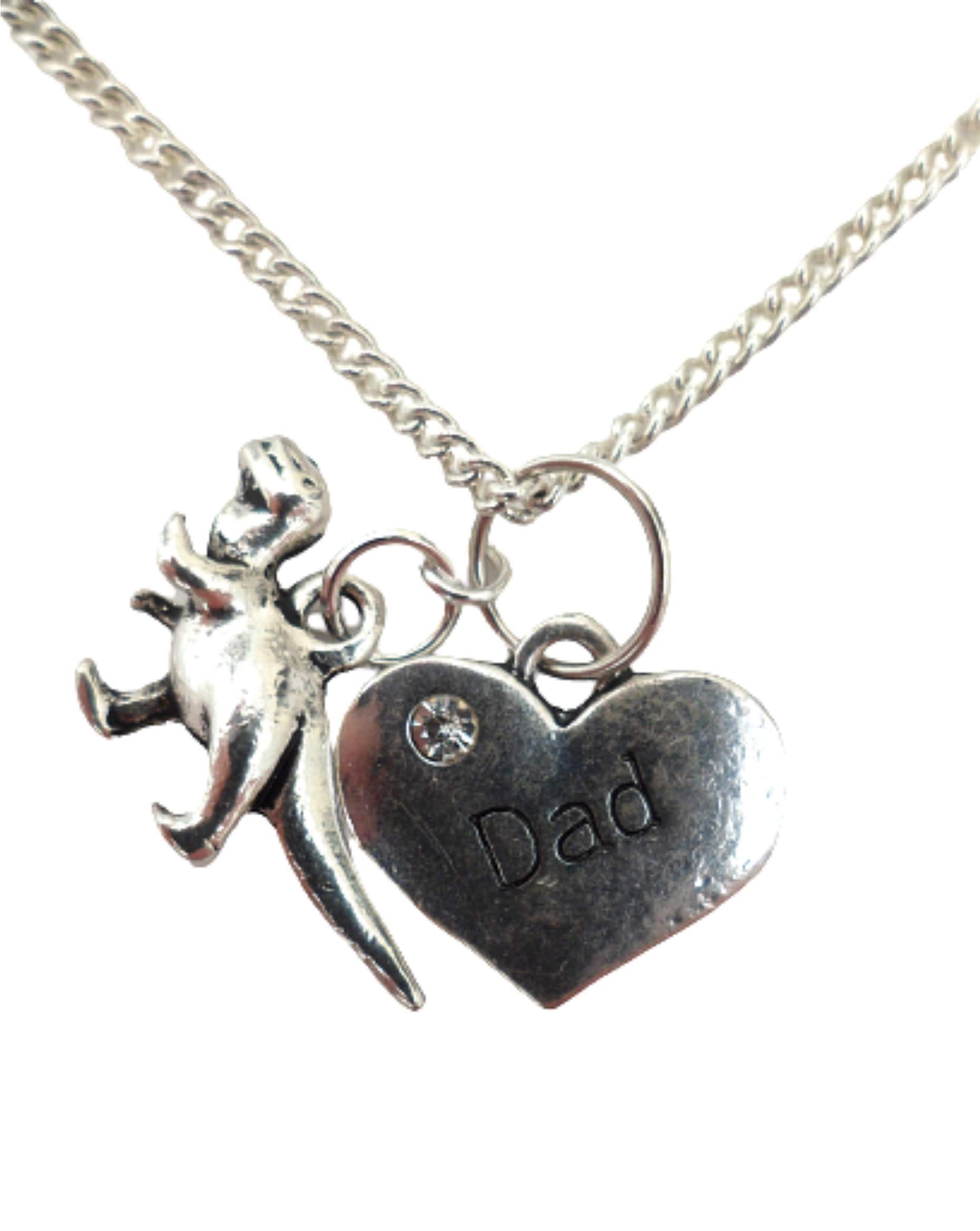 Sterling Silver Plated Necklace for Dad with Heart Charm & Tyrannosaurus Rex Dinosaur Pendant - Perfect Gift for Father's Day, Birthday, Anniversary | Dinosaur Jewelry for Men, Unique Dad Gift Idea