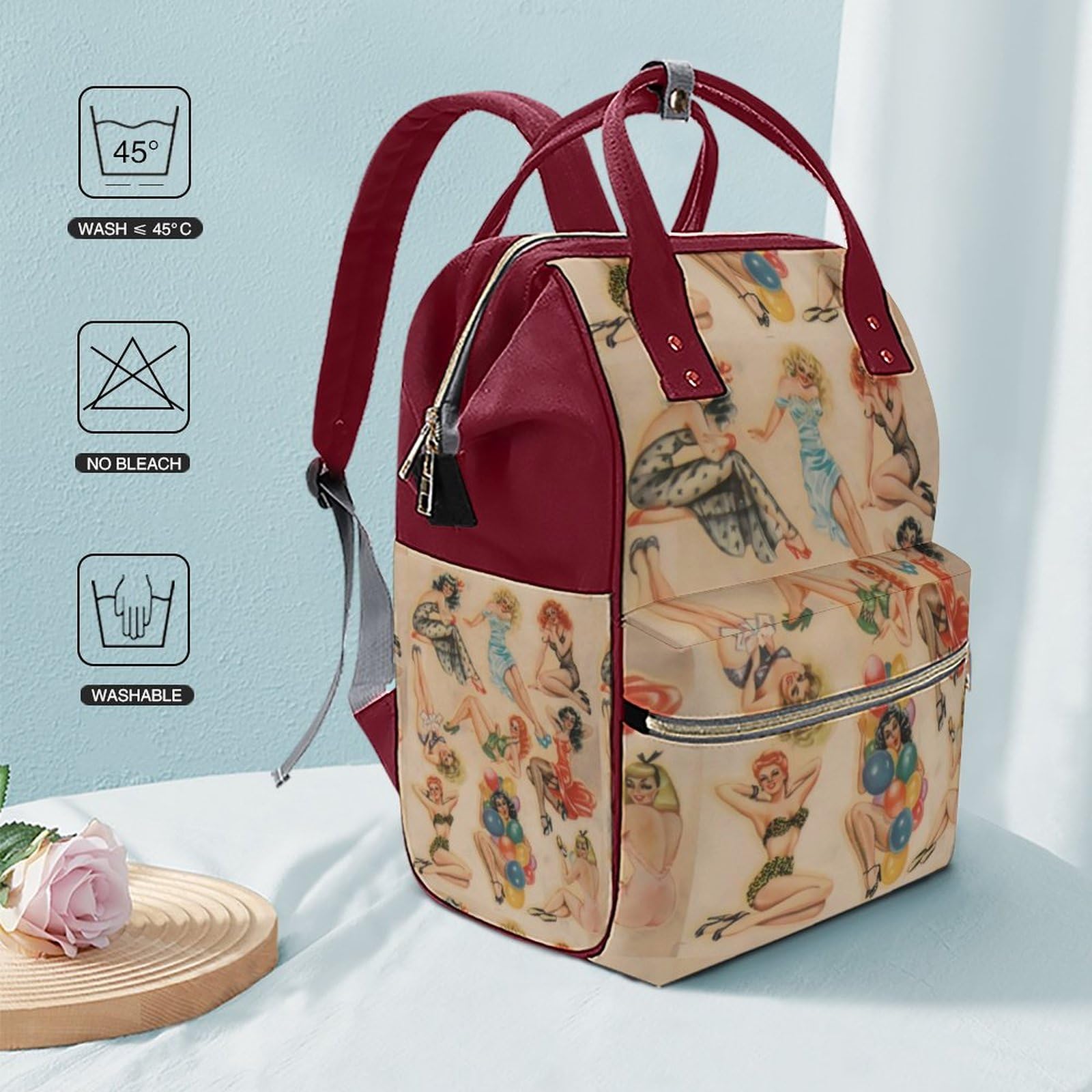 Retro Pinup Travel Backpack for Women - Waterproof with Bottle Pocket for Hiking & Commuting