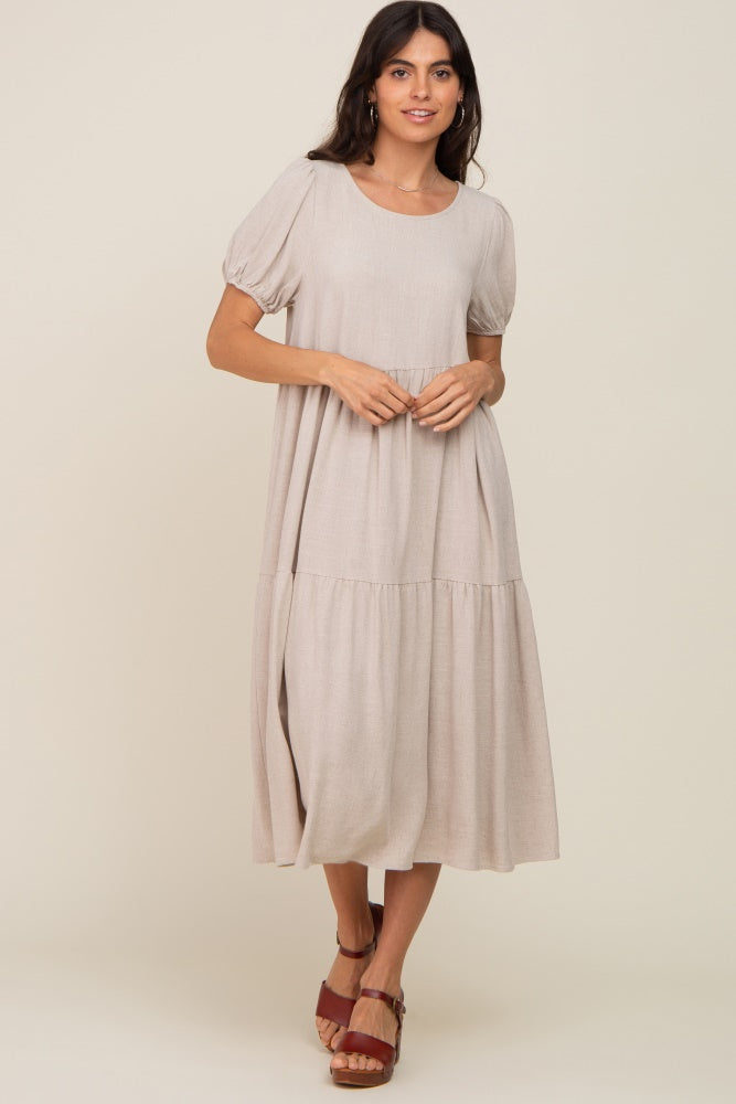 Beige Linen Maternity Dress Short Sleeve Tiered Back Tie Midi Dress for Pregnancy - Perfect for Baby Showers, Maternity Photos & Summer Outfits