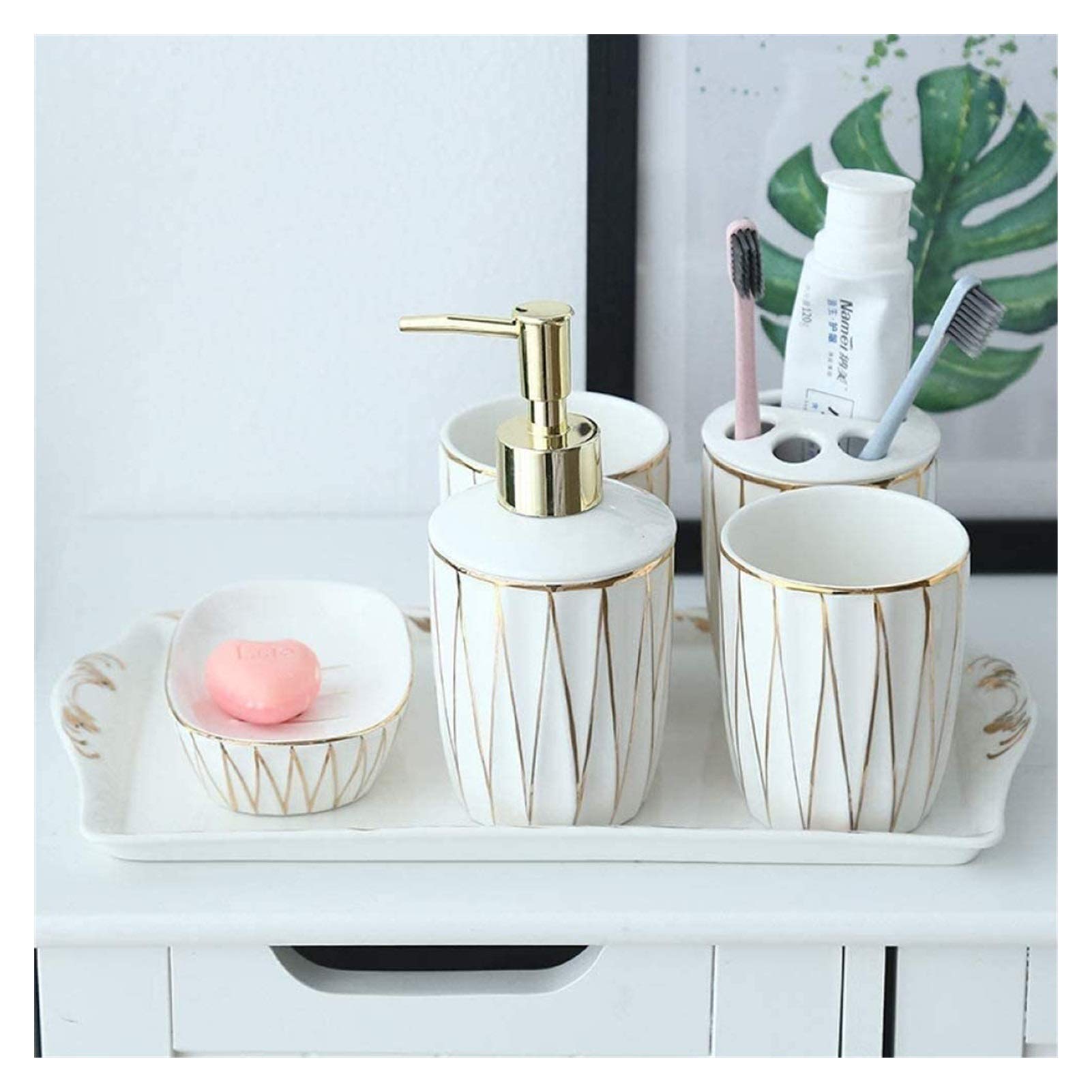 Ceramic Soap Dispenser Set - 6 Piece Minimalist Bathroom Accessories in White | Includes Soap Dispenser, Courtesy Tray, Toothbrush Holder & Soap Dish | Perfect for Home, Hotel & Spa Decor | Modern Bathroom Organization & Luxury Guest Essentials